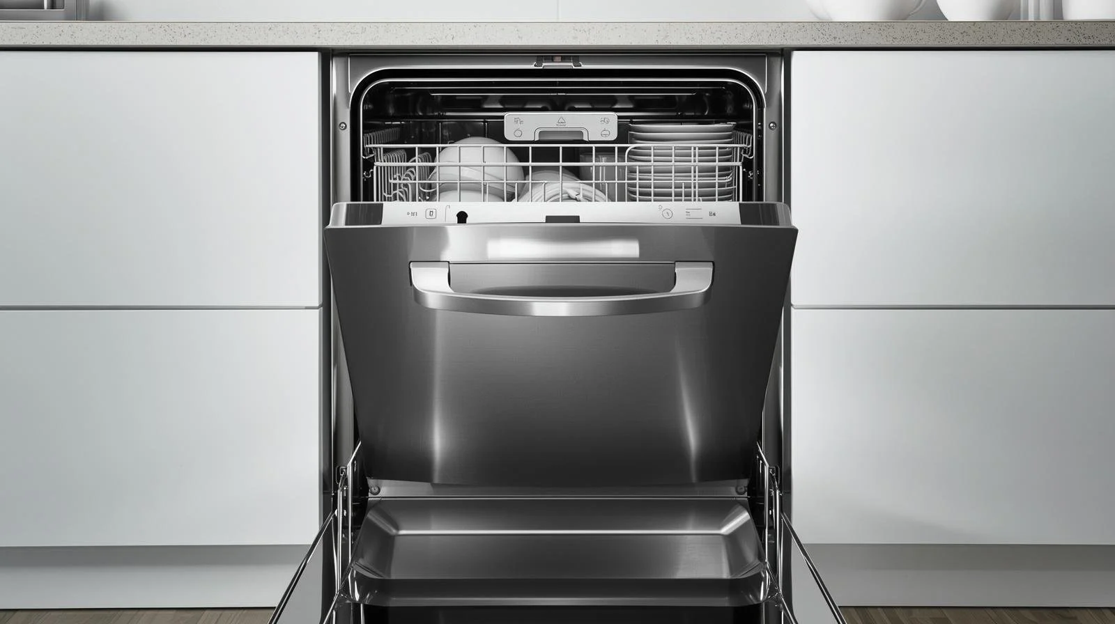 Open dishwasher with clean dishes including bowls and plates inside, in a modern kitchen.