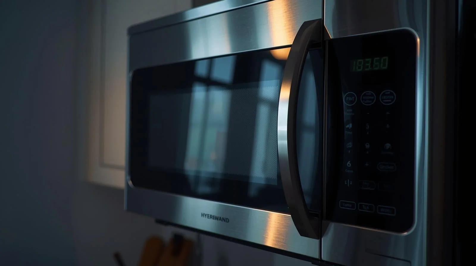 Close-up of a stainless steel microwave oven on a kitchen wall, displaying the brand name 'HYERWAND' on the front, with a digital display showing the time 18:36.