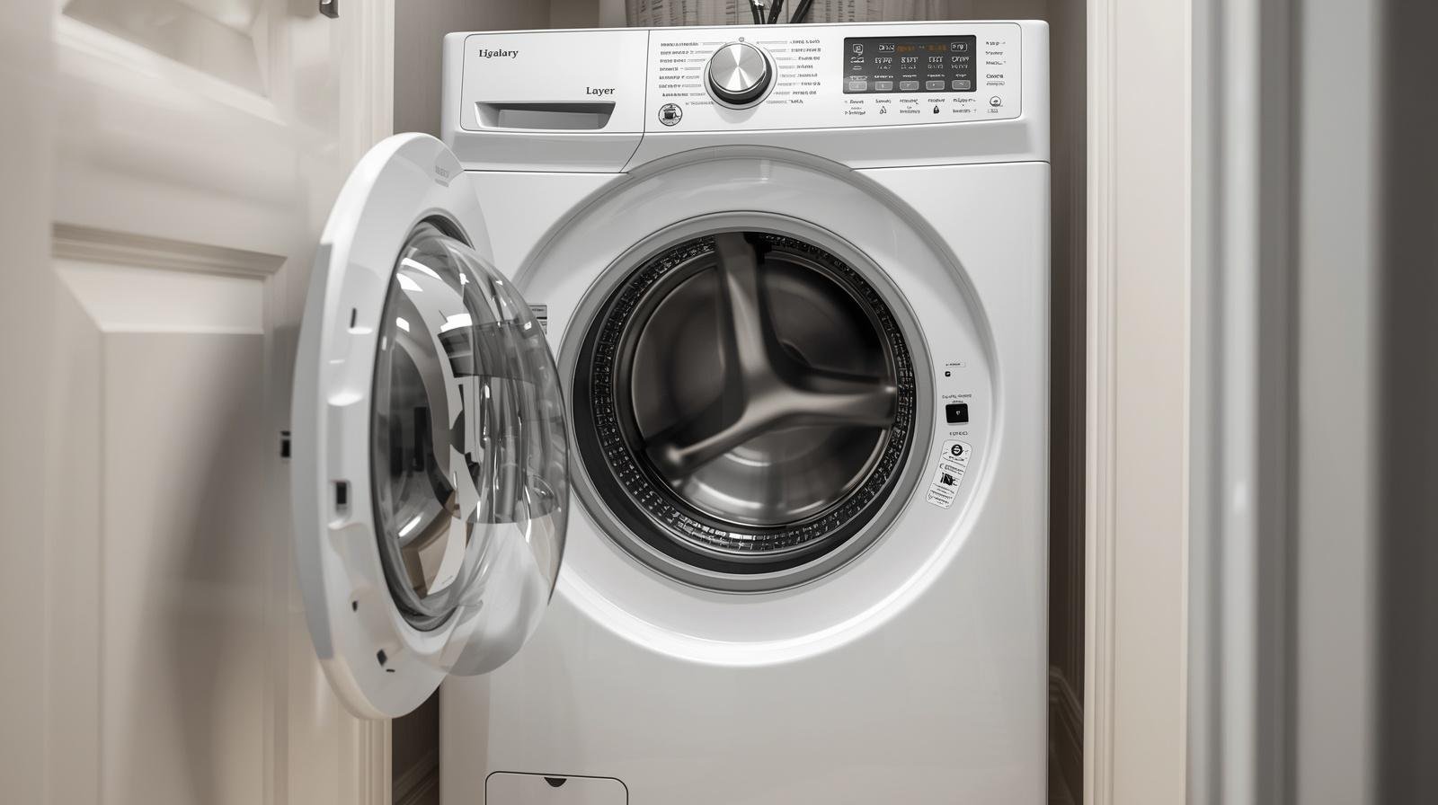 White front-loading washing machine with its door open inside a laundry room.