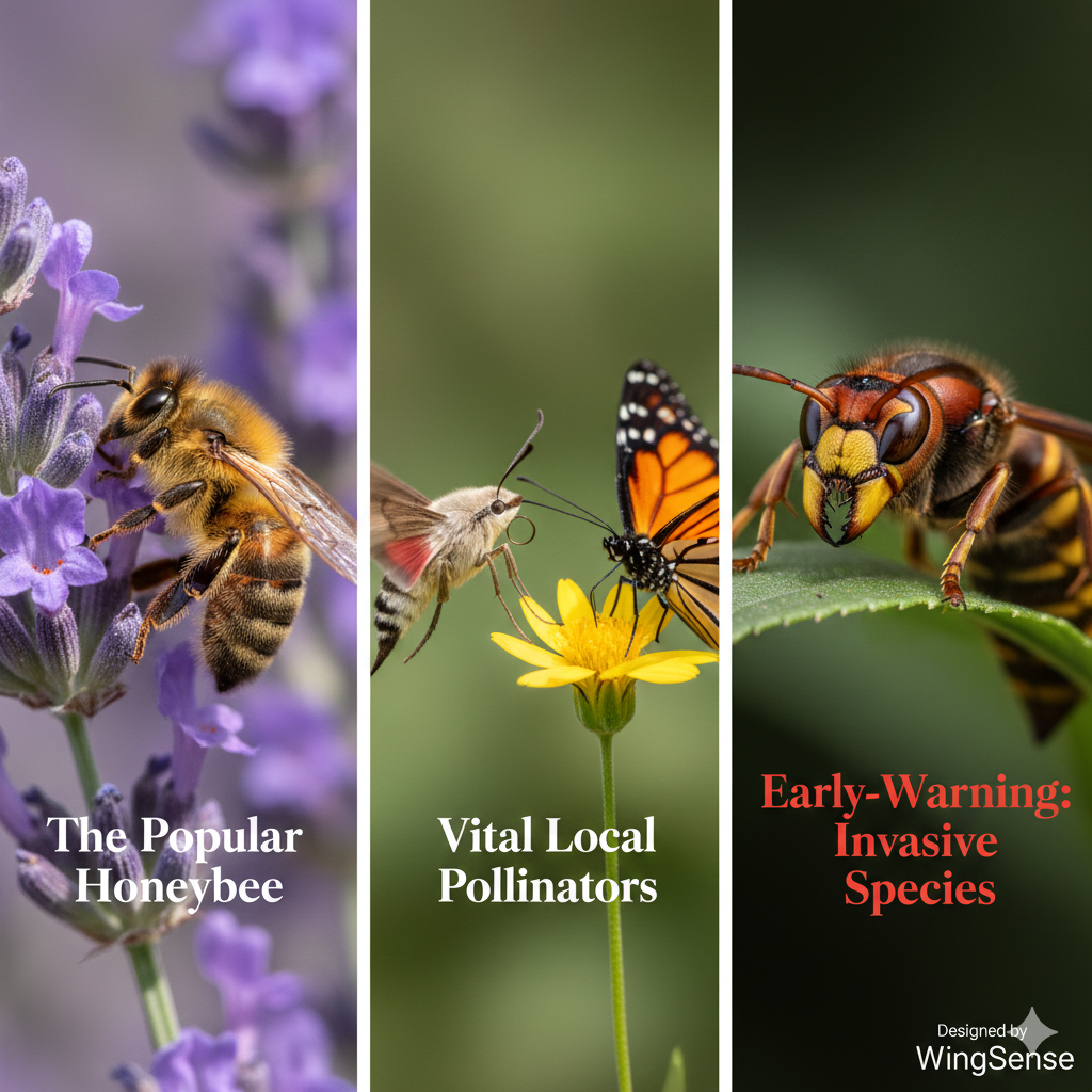 Three vertical panels, from left to right: close-up of a honeybee on lavender flowers, butterfly and bee on yellow flower, and close-up of a wasp or hornet with an alert warning in red text about invasive species.