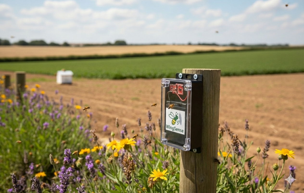Field with flowers and a WingSense bee counter attached to a wooden pole; bees flying around.