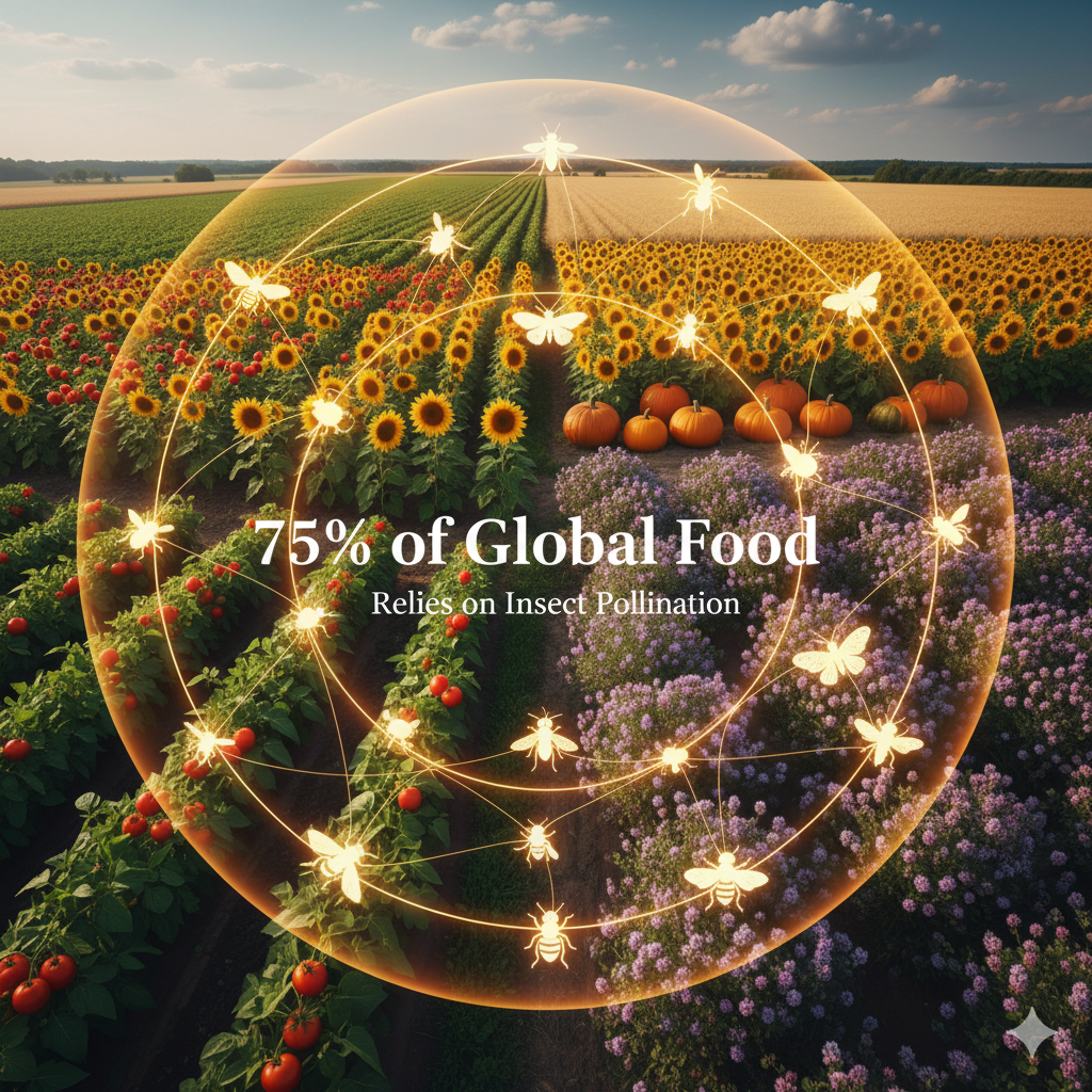 Fields of sunflowers, pumpkins, and flowering plants in a rural landscape under a partly cloudy sky, with digital illustrations of bees and butterflies overlaid and the text '75% of Global Food Relies on Insect Pollination'