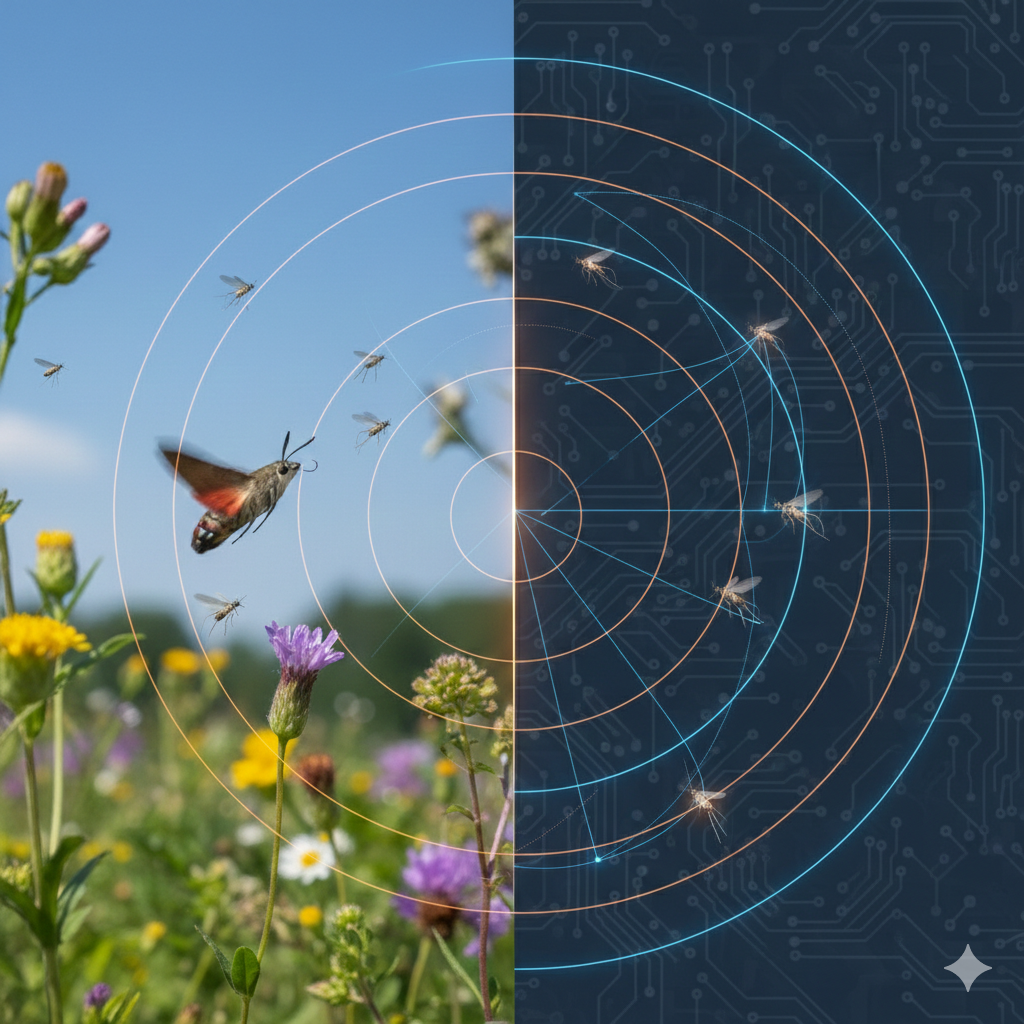 A side-by-side comparison of a natural meadow scene on the left and a digital, technological representation on the right, featuring insects and plants, with visualized concentric circles and circuit-like patterns.