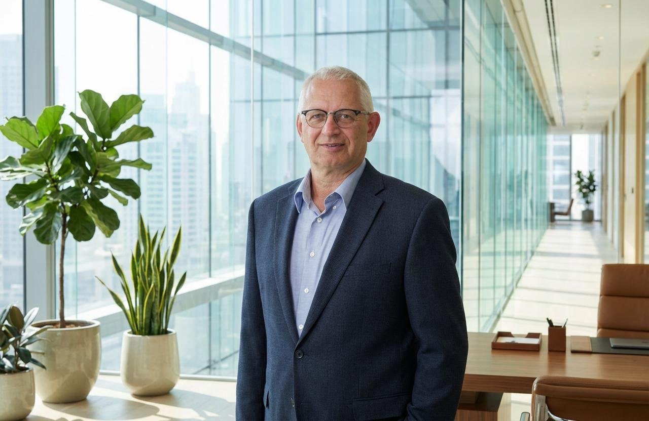 Ein älterer Mann in Businesskleidung steht in einem modernen Büro. Im Hintergrund sind große Fenster mit Blick auf eine Stadt, und es gibt mehrere grüne Pflanzen im Raum.