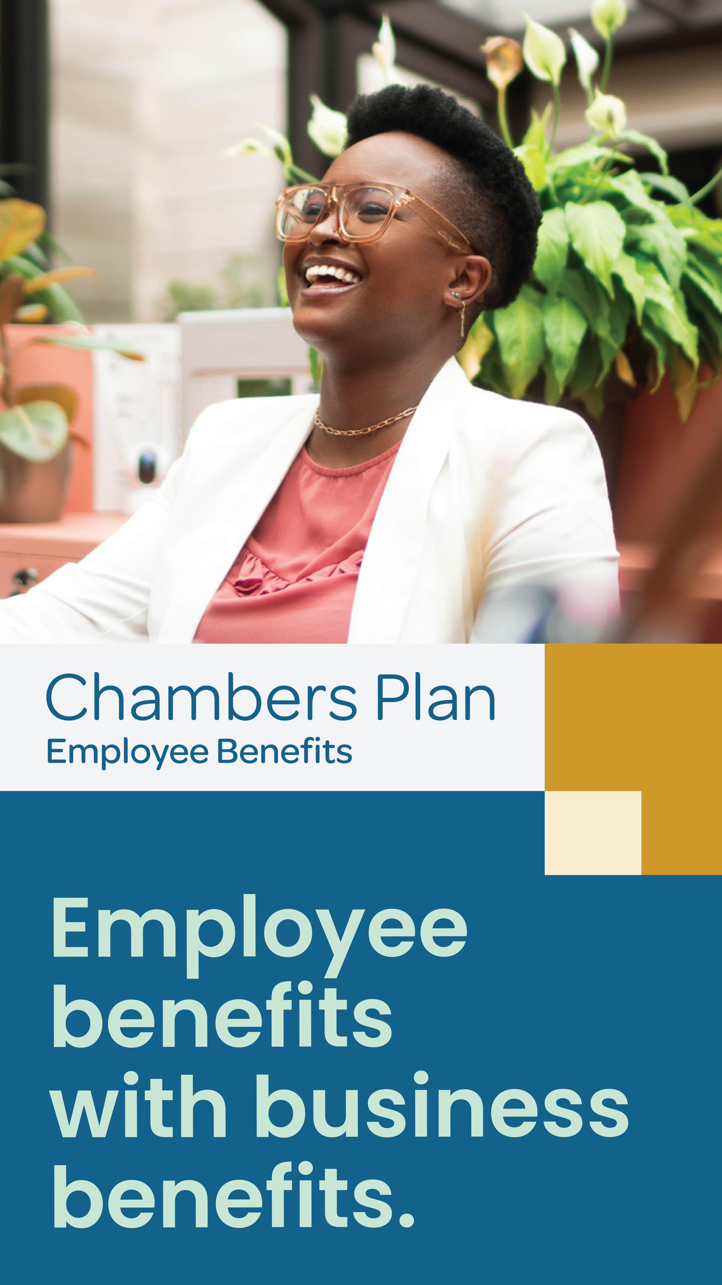 A smiling Black woman with glasses, short hair, and jewelry, sitting in an office with plants and desktop items behind her, representing an Employee Benefits brochure.