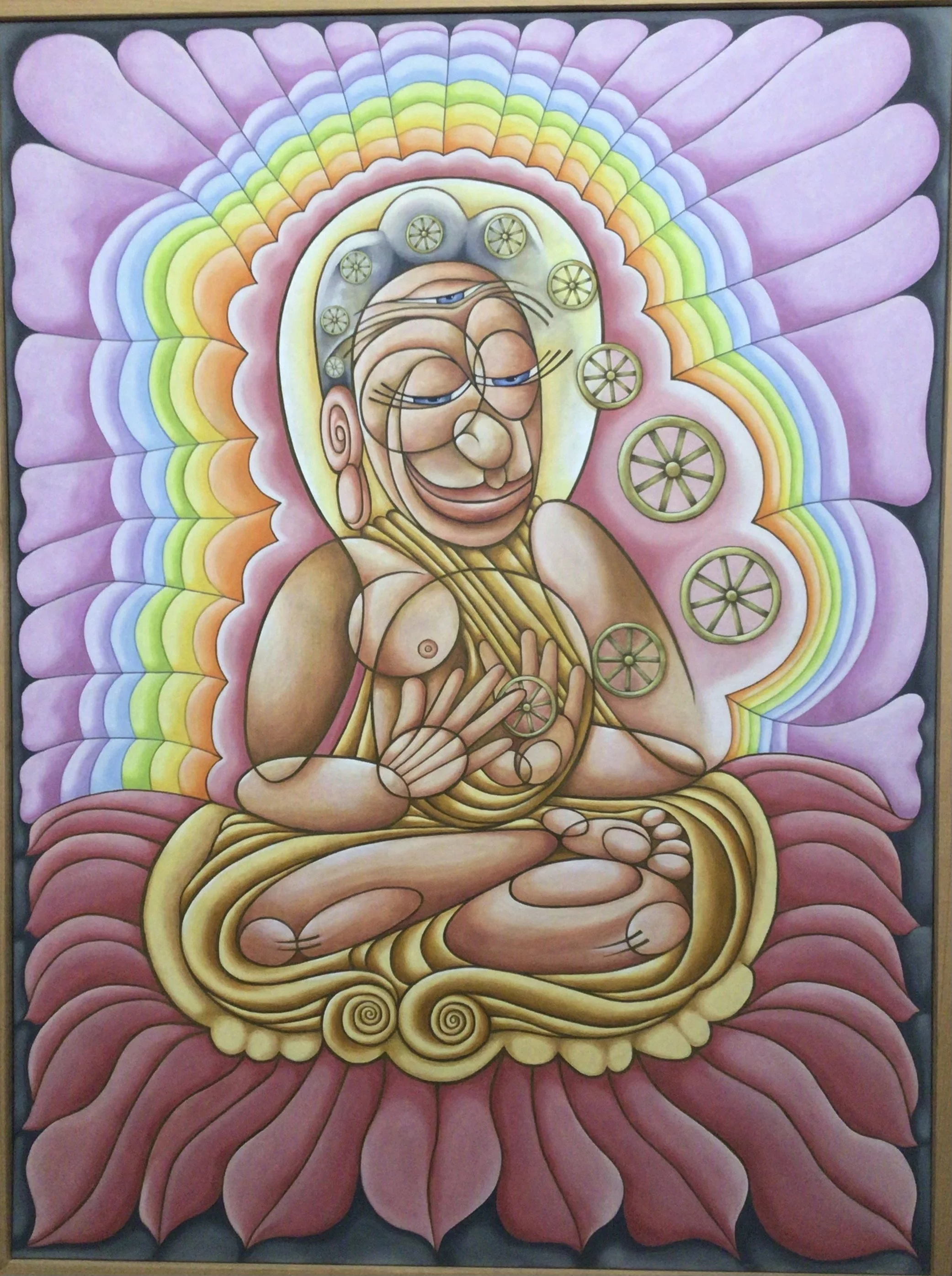 SAKYAMUNI BUDDHA EXPONDING THE FOUR NOBLE TRUTHS THUS SETTING THE WHEEL OF DHARMA IN MOTION WHILE ATTAINING A RAINBOW BODY
oil on canvas