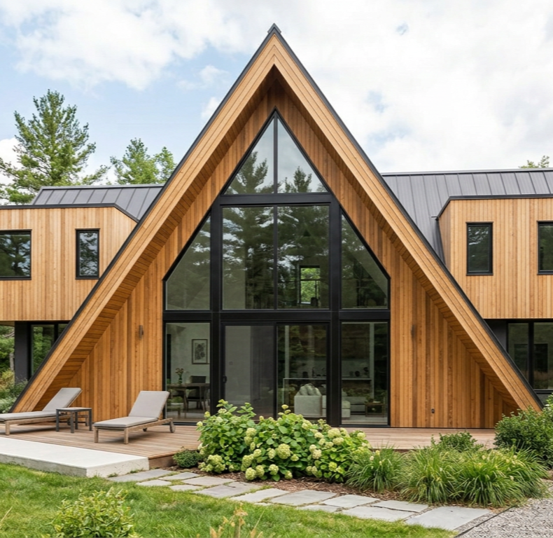 Modern A-frame house with wood exterior and large glass windows, surrounded by lush greenery and a well-maintained garden. Thermally Treated cladding, long lasting shou sugi ban