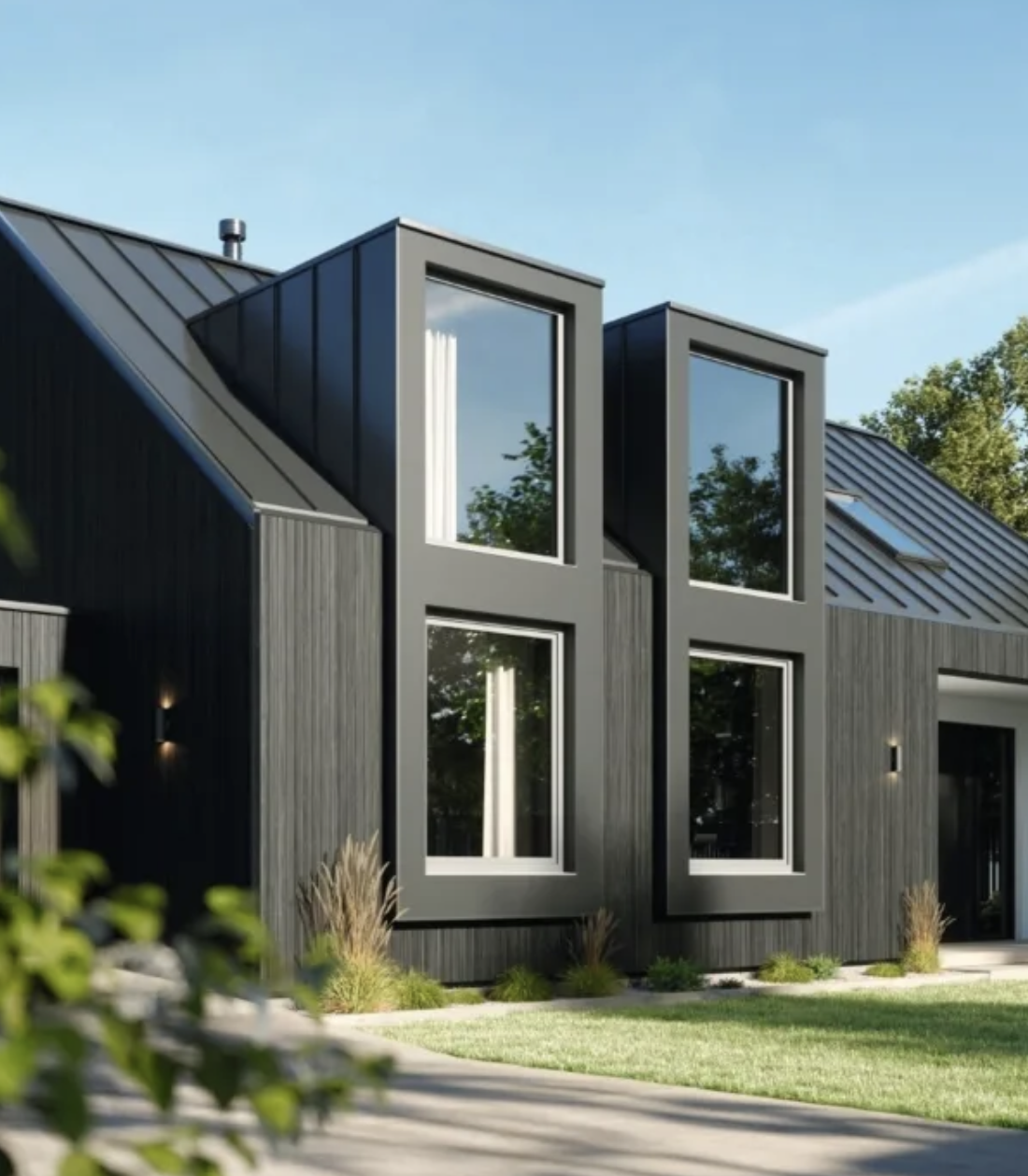 Modern house with dark wood exterior and large rectangular windows, surrounded by a lawn and trees under a clear blue sky. Schuco windows Scandinavian  European modern