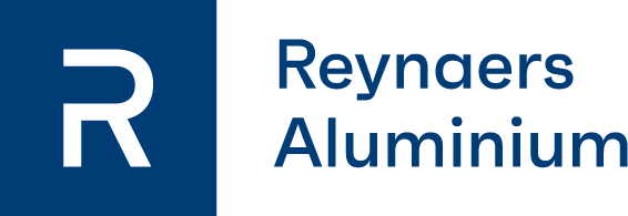 Reynaers Aluminium logo with a large white letter R inside a blue square, and the company name in blue text to the right.