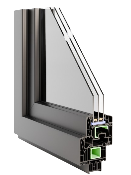 Cross-section of a modern aluminum window frame with glass pane showing the inside structure.