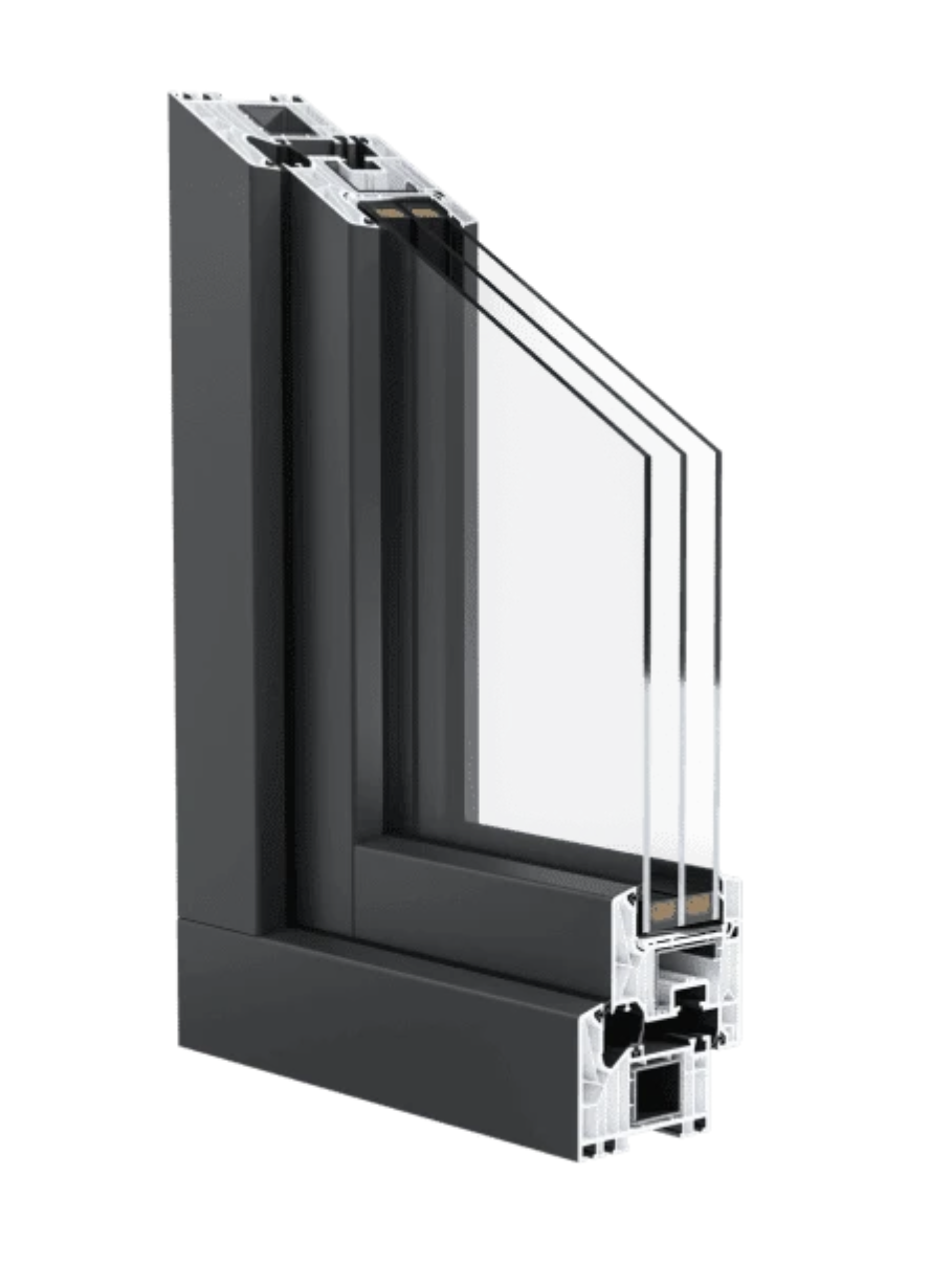 Cross-section of a modern double-glazed window showing frame, glass panes, and sealing components. Schuco Living 82 uPVC window