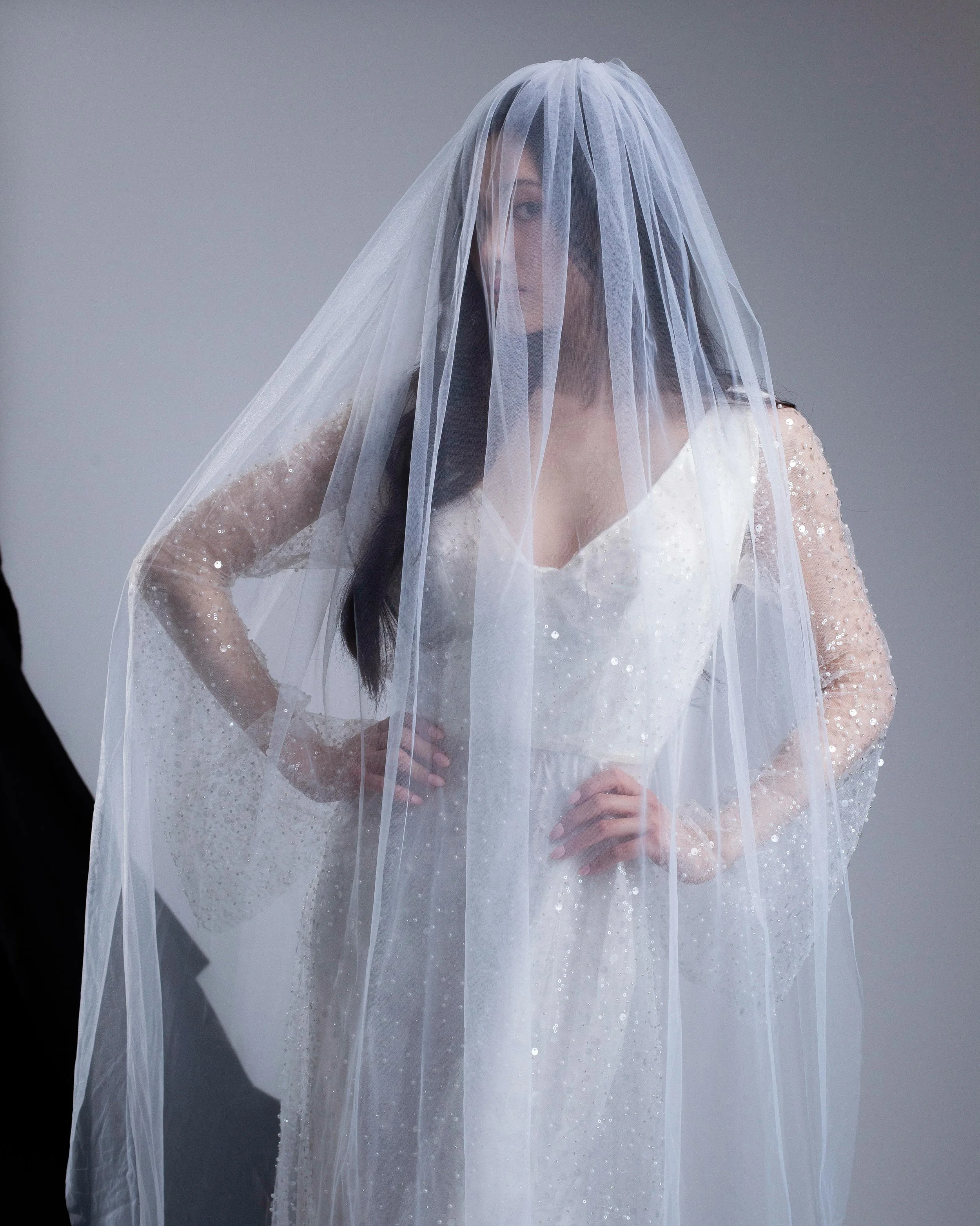 A woman wearing a wedding dress and veil, posing with her hands on her hips against a plain background.