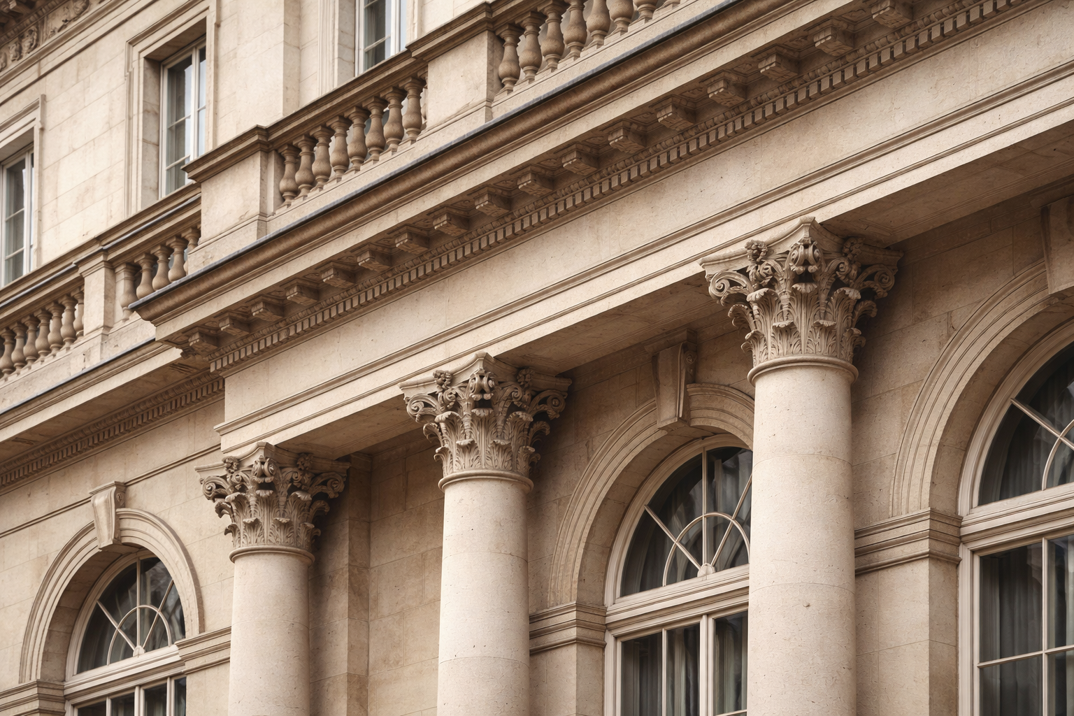 Close-up of a classical building facade featuring stone columns with ornate Corinthian capitals, arched windows, and decorative balcony railings.