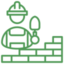 A cartoon construction worker holding a trowel in front of a brick wall.