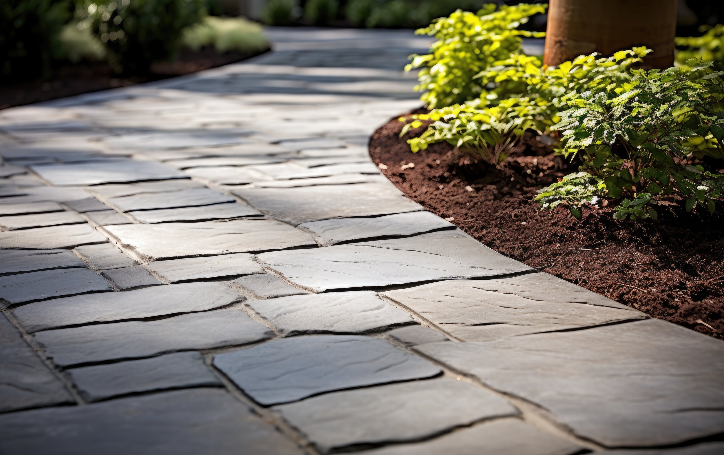 Close-up of a tiled stone pathway with some small green plants growing along the edge, shaded by a tree.
