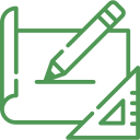 Drawing of a pencil, ruler, and triangle on a sheet of paper, representing drafting or design.