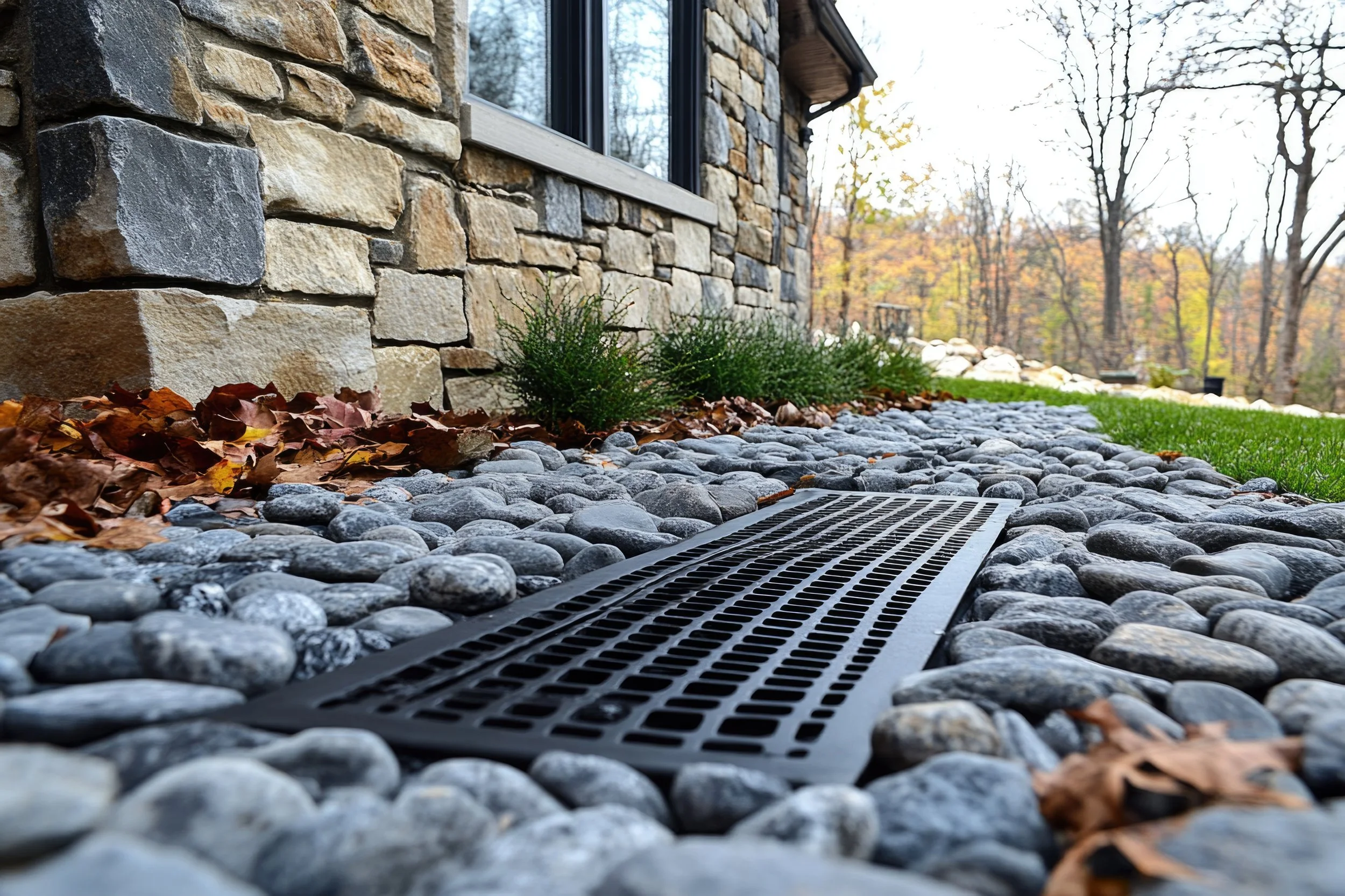 Close-up of a metal drainage grate on a pebble pathway beside a stone house wall, with autumn leaves and greenery in the background.