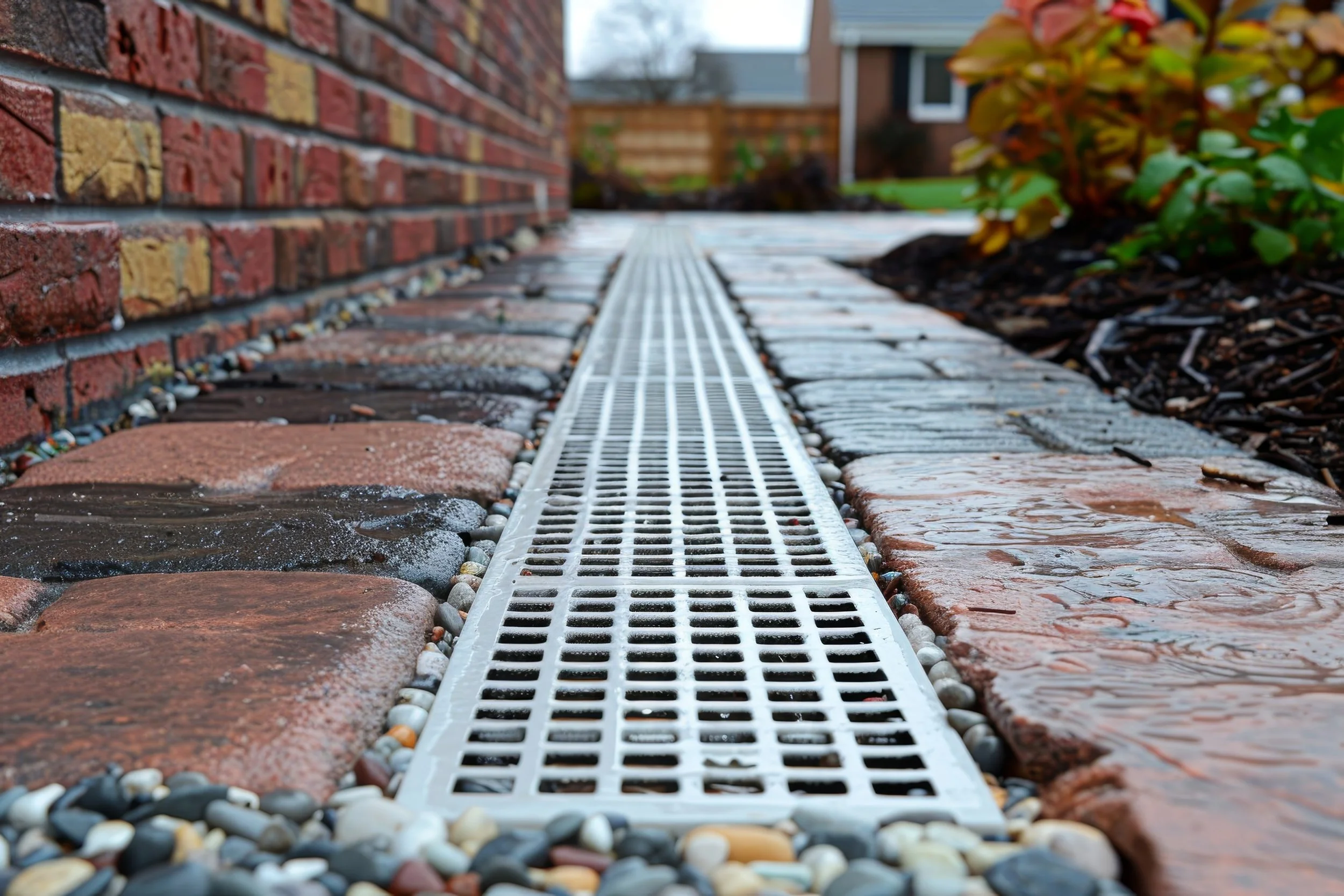 Close-up view of a metal drainage grate on a brick walkway next to a brick wall, with some wet bricks and small colorful pebbles surrounding it.