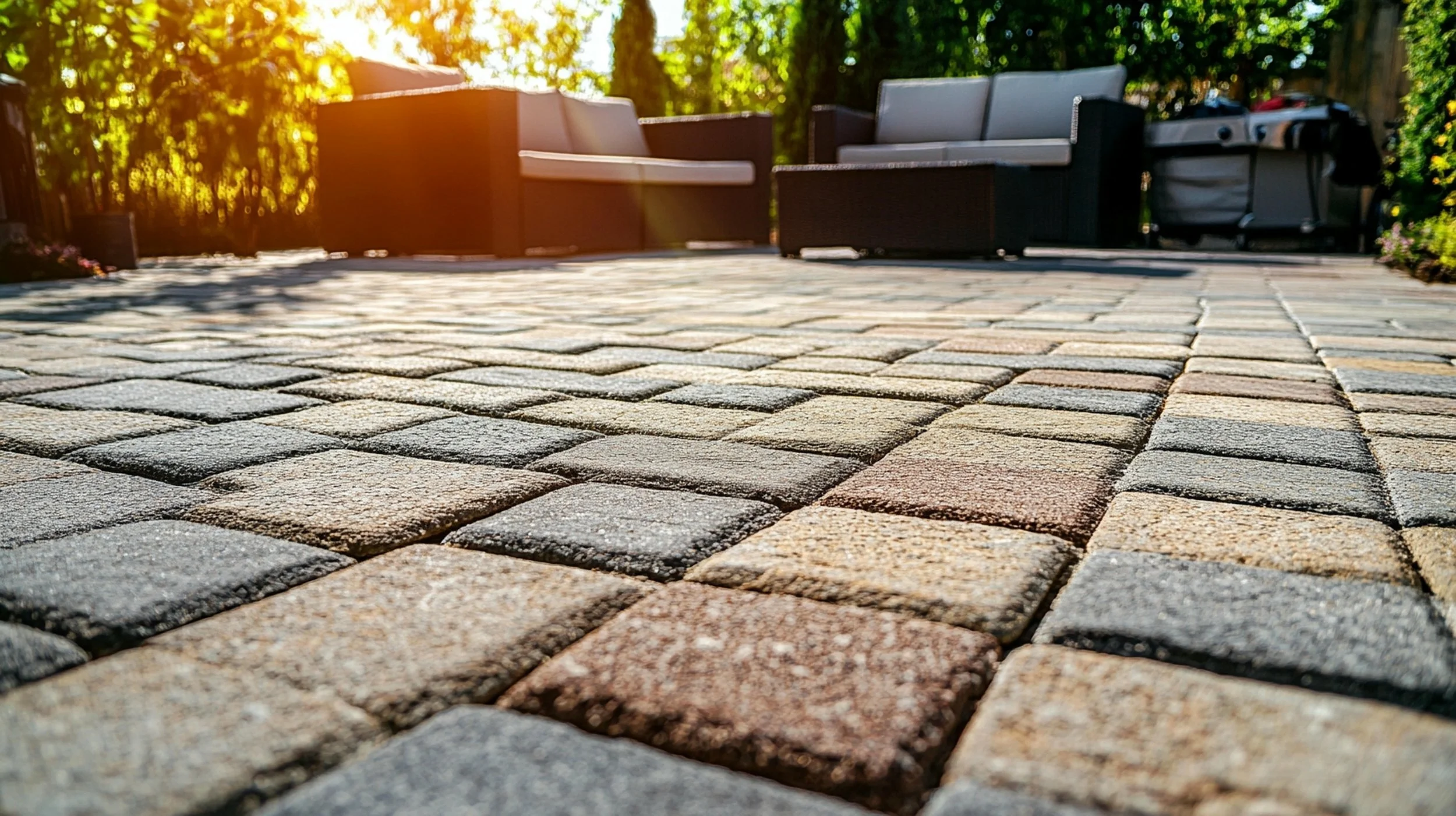 Close-up of a brick patio with outdoor furniture, including chairs and a grill, under sunlight with trees in the background.