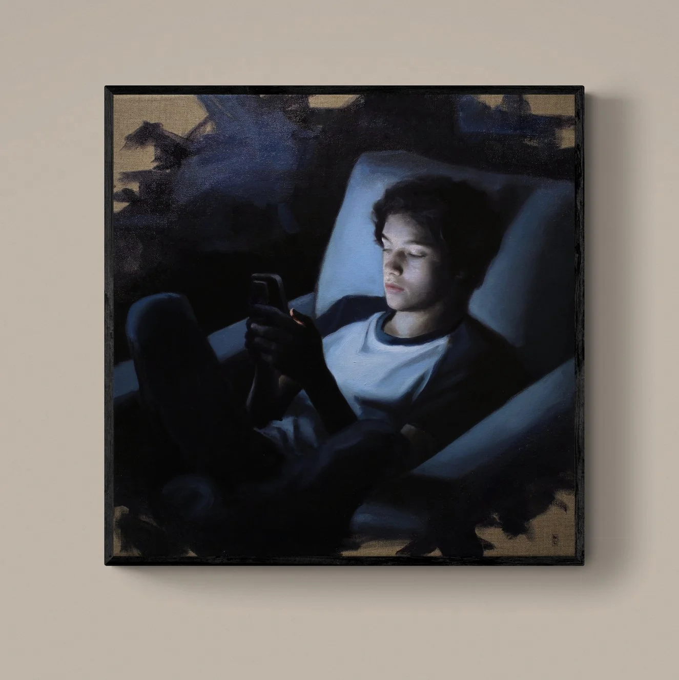 Painting of a young person lying in bed at night, illuminated by their phone, with a dark background.