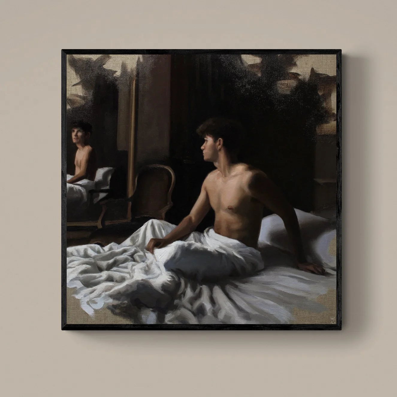 A realistic oil painting of a young man with dark, curly hair and light skin, sitting on a bed with white sheets, gazing to the right. In the background, a reflected image of the same young man is seen in a mirror, also shirtless and sitting on a bed
