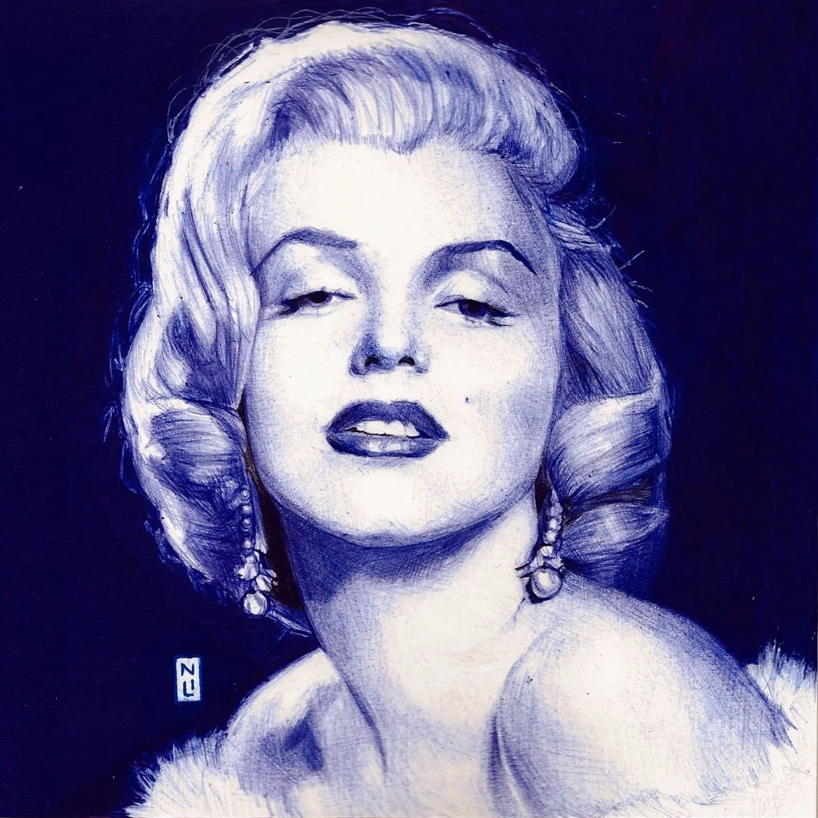 Black and white portrait of a woman with wavy hair styled in curls, wearing pearl earrings, with a confident expression and slightly raised eyebrow.