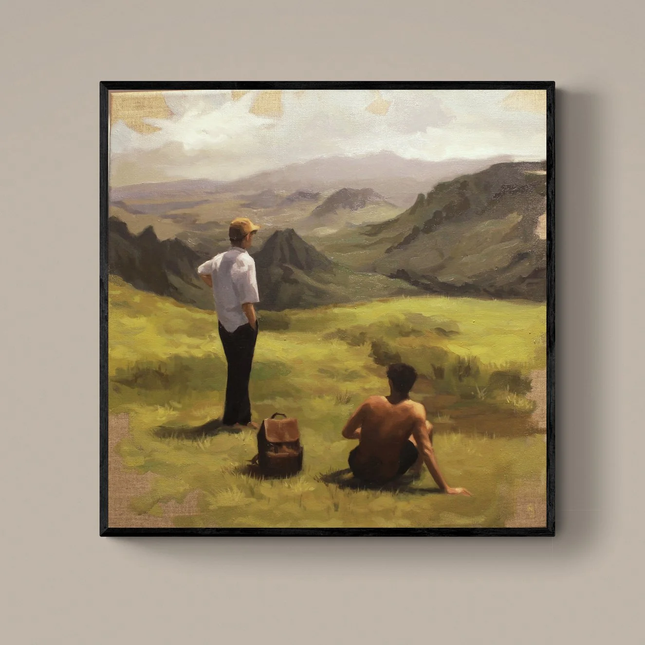 Oil painting of two men in a mountainous landscape, one standing and one sitting, with a backpack nearby.