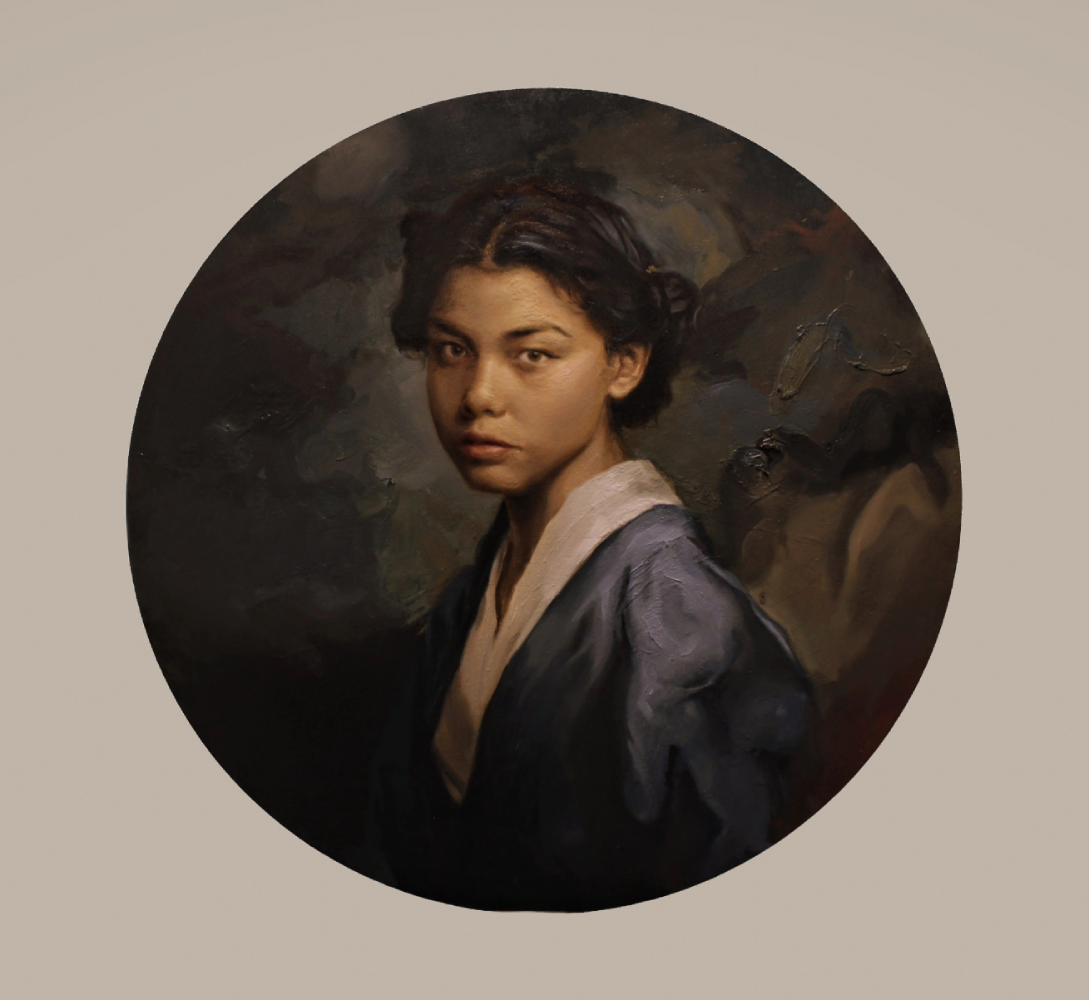 Painting of a young woman with short dark hair, wearing a dark jacket and light-colored shirt, against a dark abstract background.