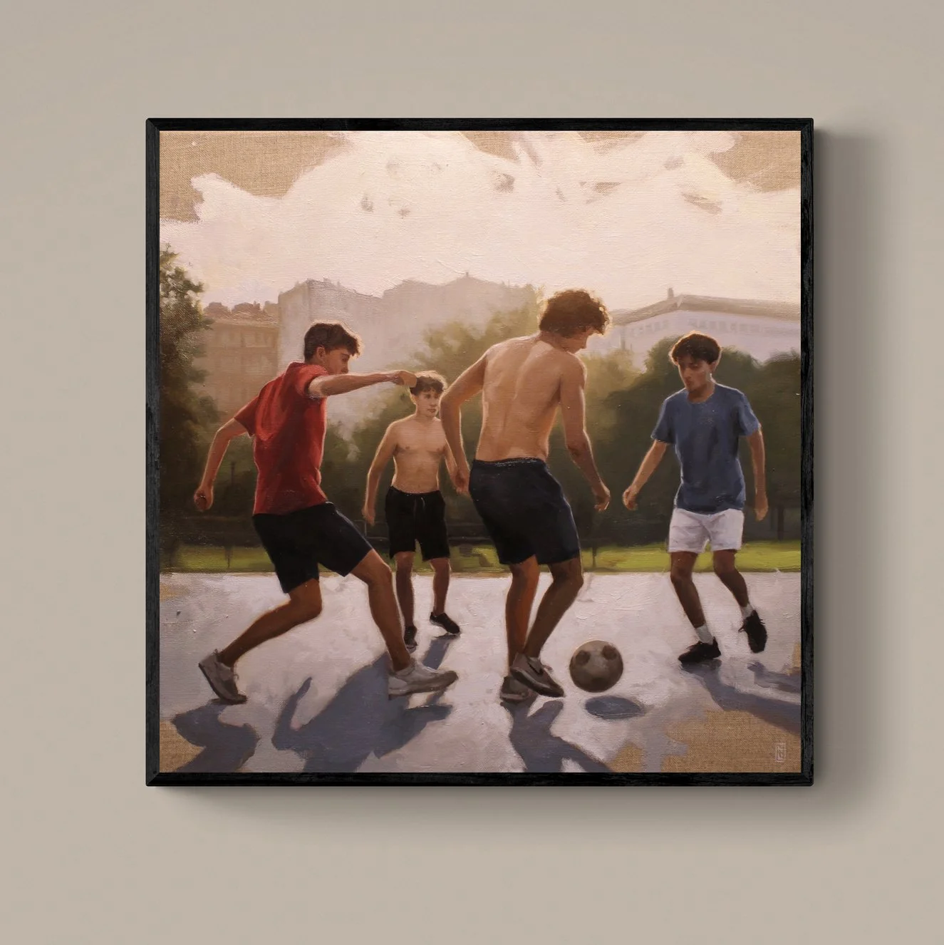 A painting of four boys playing soccer outdoors on a concrete court, with trees and buildings in the background under cloudy skies.