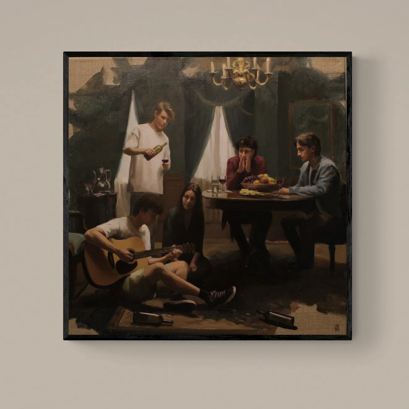A painting of five young people in a dimly lit room. One person is playing guitar on the floor, two are sitting at a table with food and drinks, another is standing pouring a drink, and one is sitting with hands clasped near their face, watching.