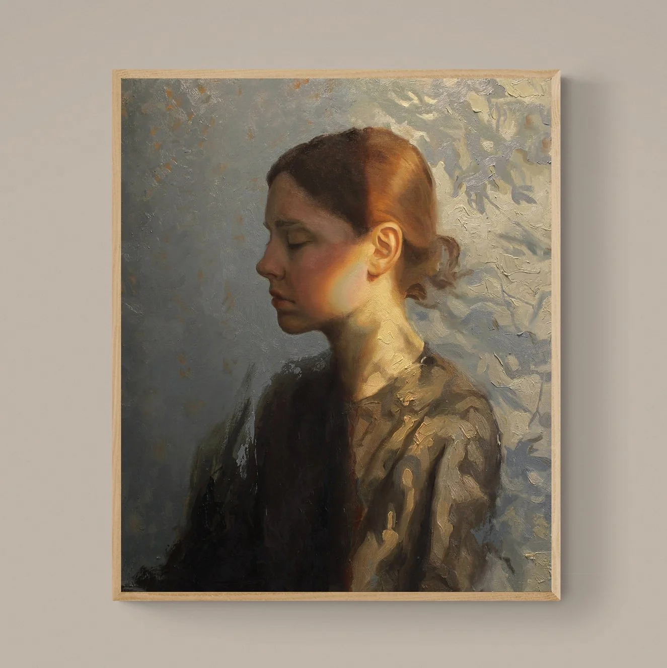 A painting of a woman with closed eyes, wearing a black top, with her hair pulled back, against a textured, abstract background.