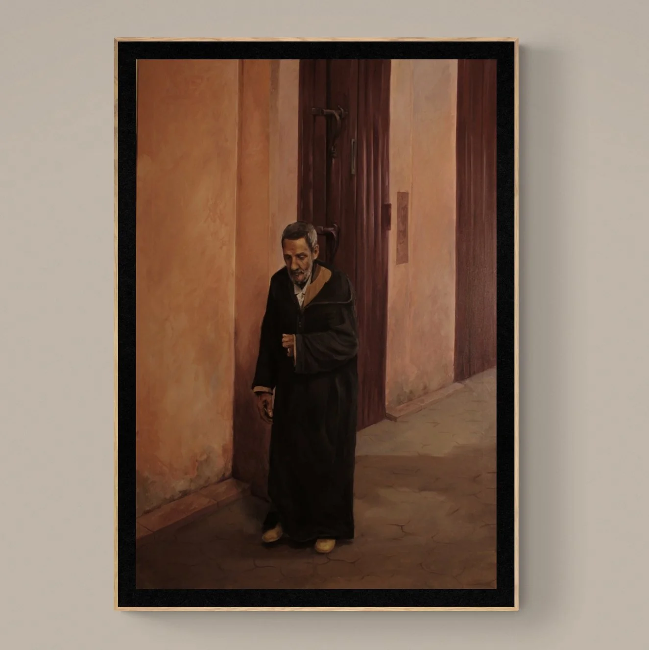 A painting of an elderly man with gray hair and beard in a dark coat and long dark skirt, walking down a hallway with beige walls and a large wooden door in the background.