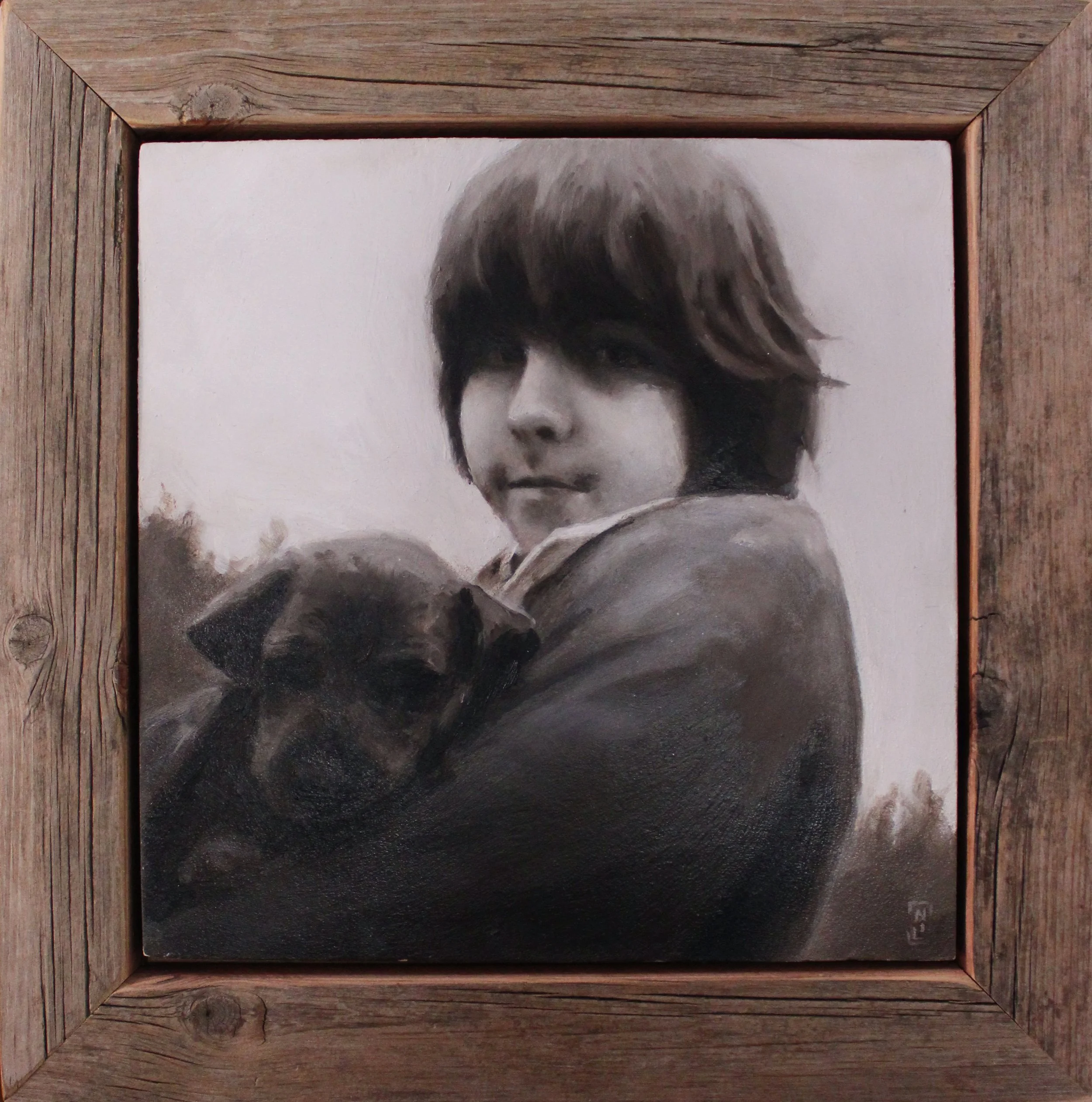 Black and white painting of a young man with medium-length hair holding a dog, framed in a rustic wooden frame.