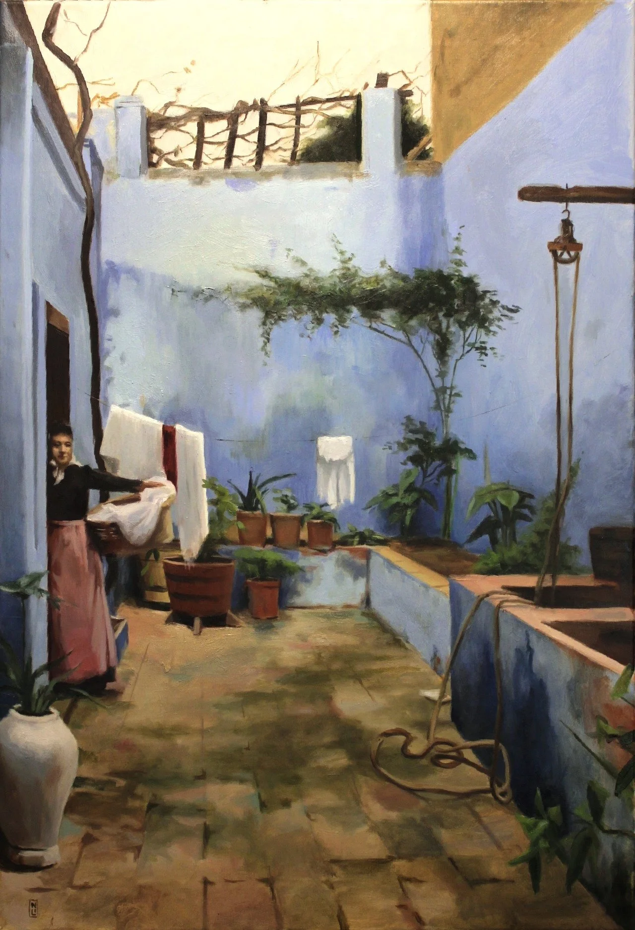 A painting of a patio with potted plants, a woman hanging laundry, and a blue wall with a tree and sky above.
