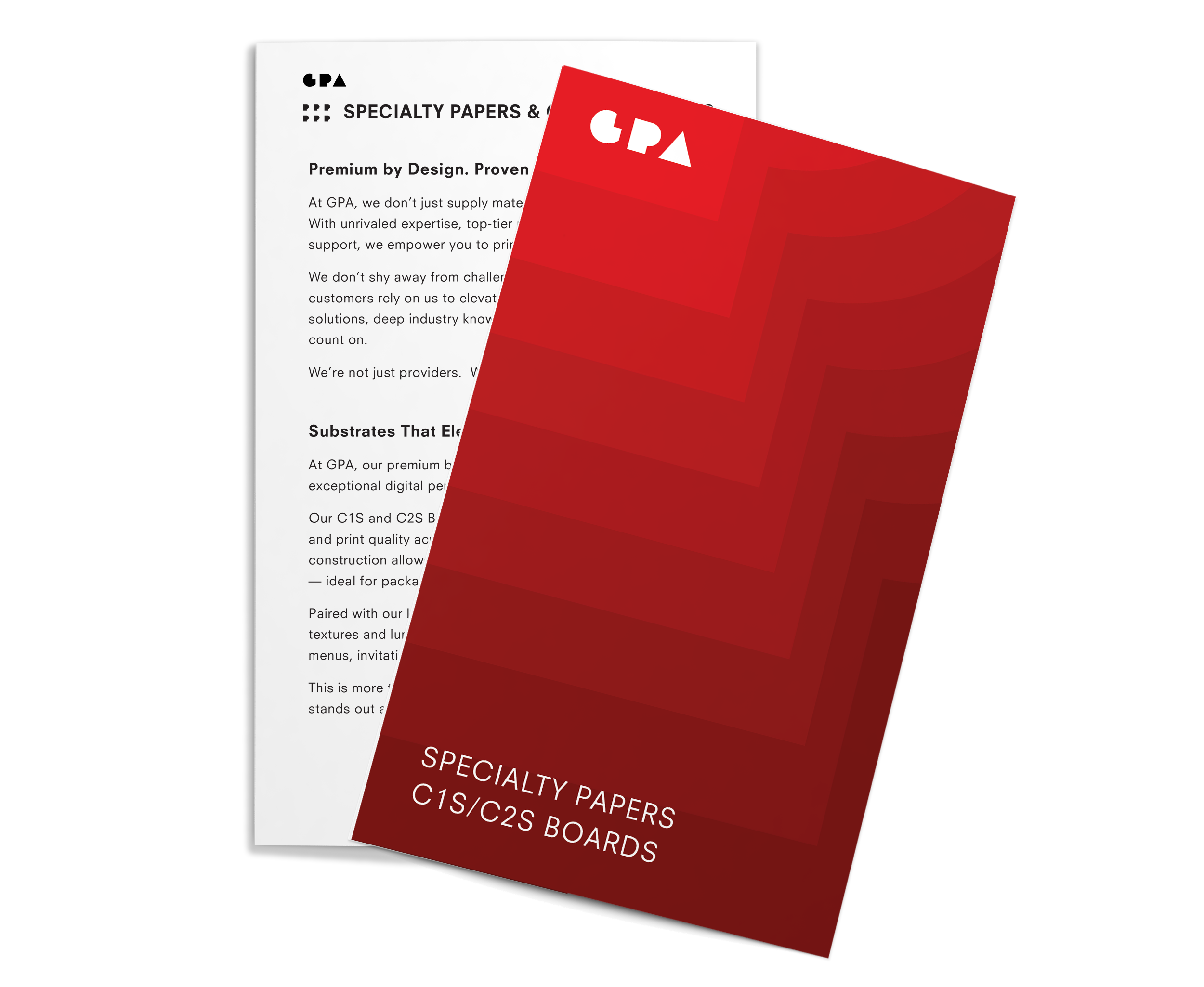 Two sheets of specialty papers, one white and one red, with text describing the products and features of GPA specialty papers and boards for C1S/C2S applications.