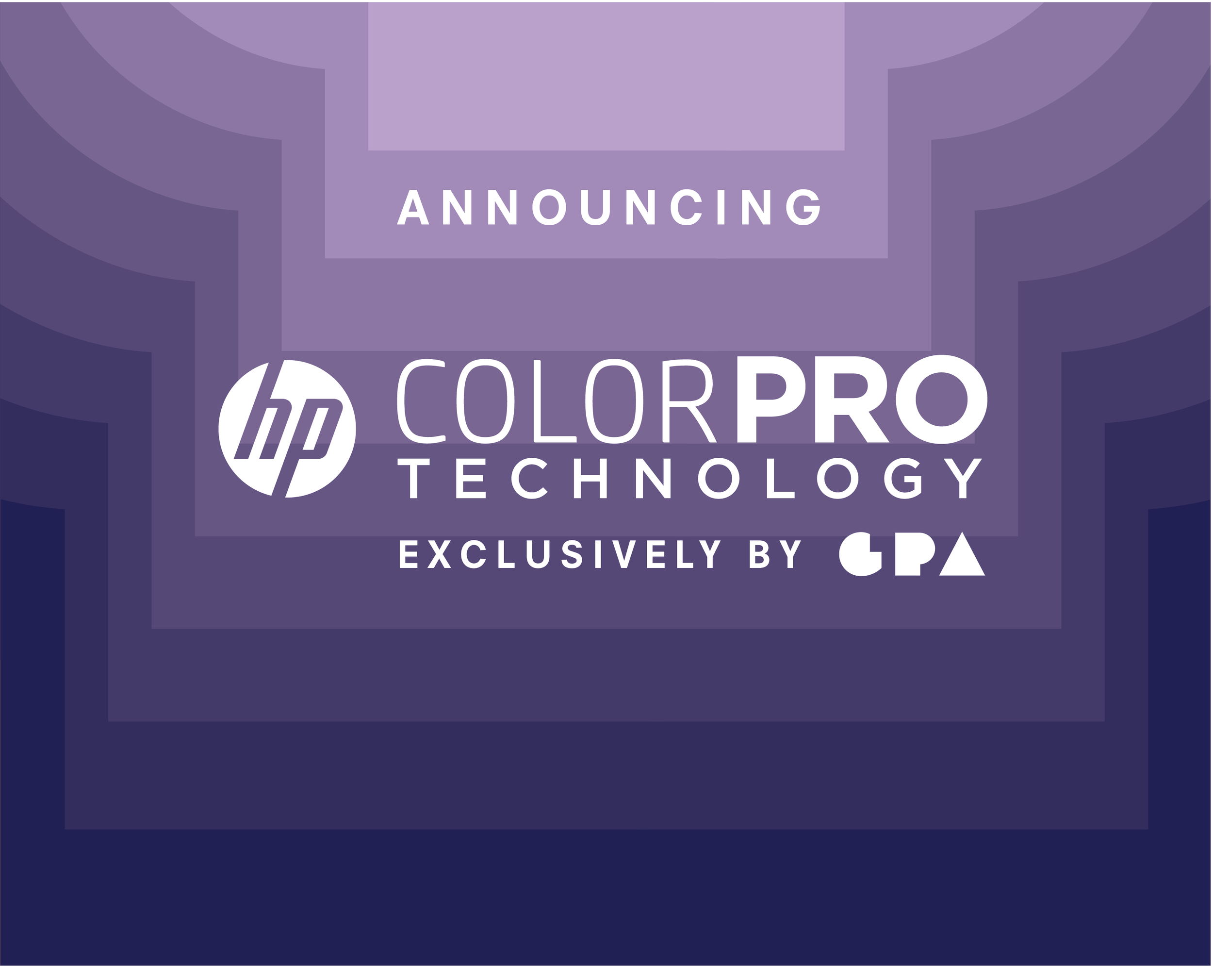 Purple and blue gradient background with text stating 'ANNOUNCING HP COLORPRO TECHNOLOGY EXCLUSIVELY BY GPA.'