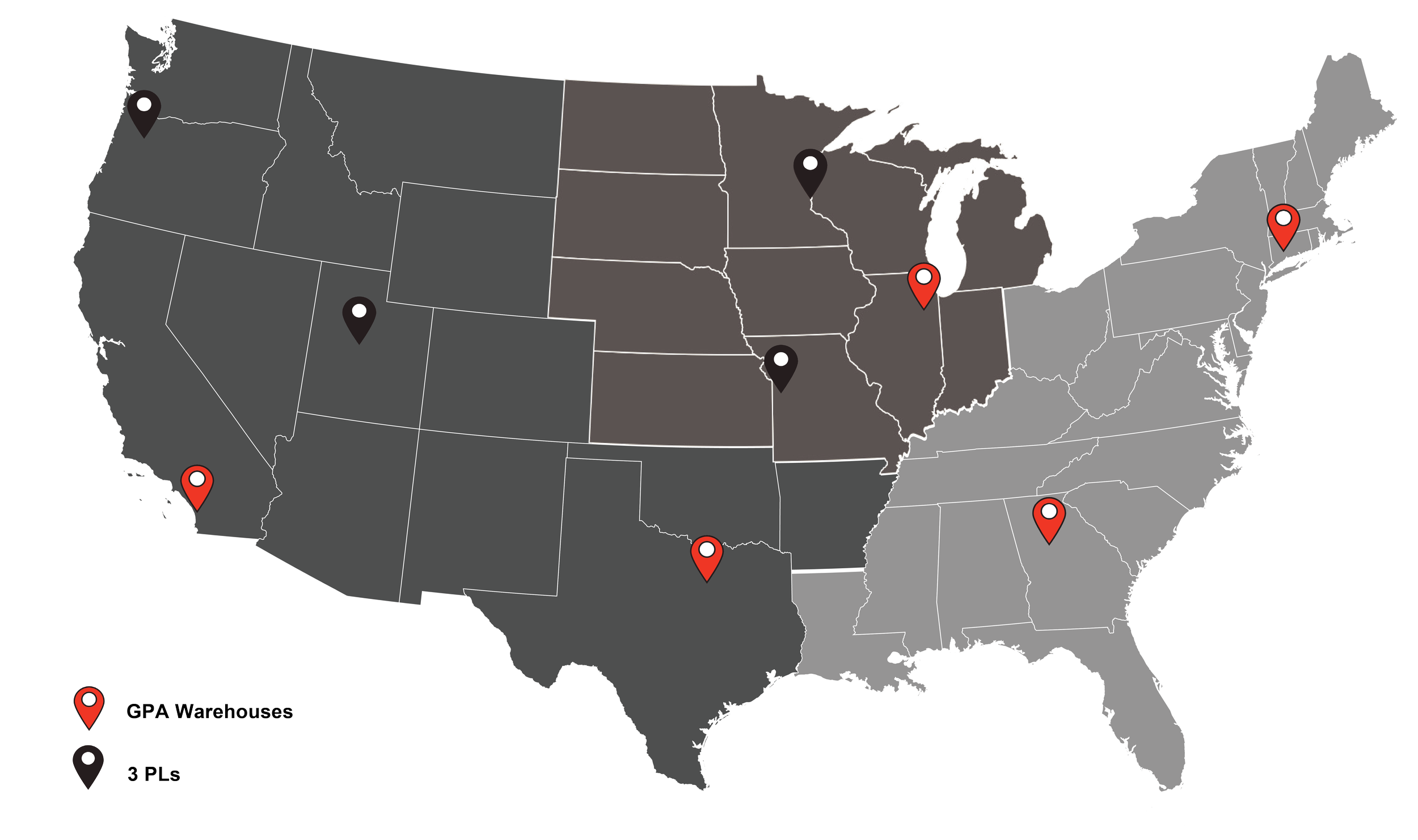 Map of the United States showing locations of GPA Warehouses marked in red and 3 PLS marked in black across various states.