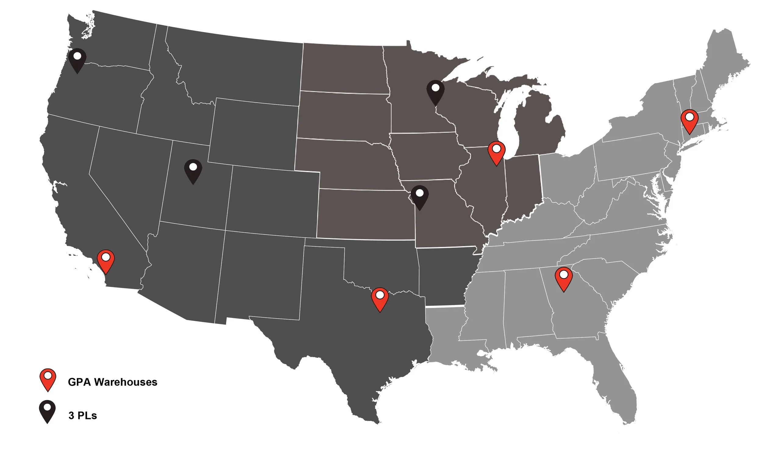 Map of the United States with markers indicating locations of GPA Warehouses in California, Illinois, Massachusetts, New York, Texas, Florida, and Oregon, with a color legend showing red for GPA Warehouses, black for 3 PLs, and white for unspecified locations.