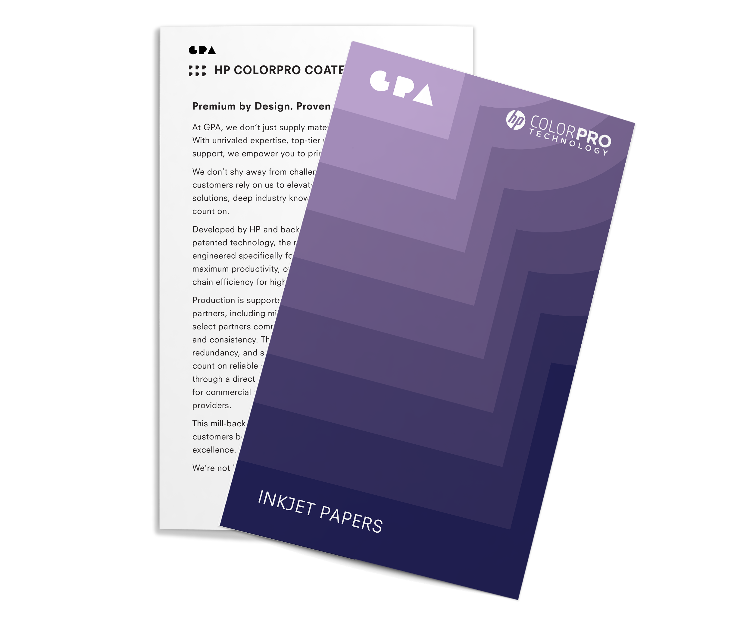 Two sheets of HP ColorPro inkjet printer papers, one primarily white with black text and the other purple with white text, partially overlapping against a black background.