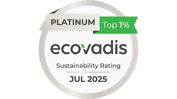 EcoVadis sustainability rating badge indicating platinum level and top 1% in July 2025.
