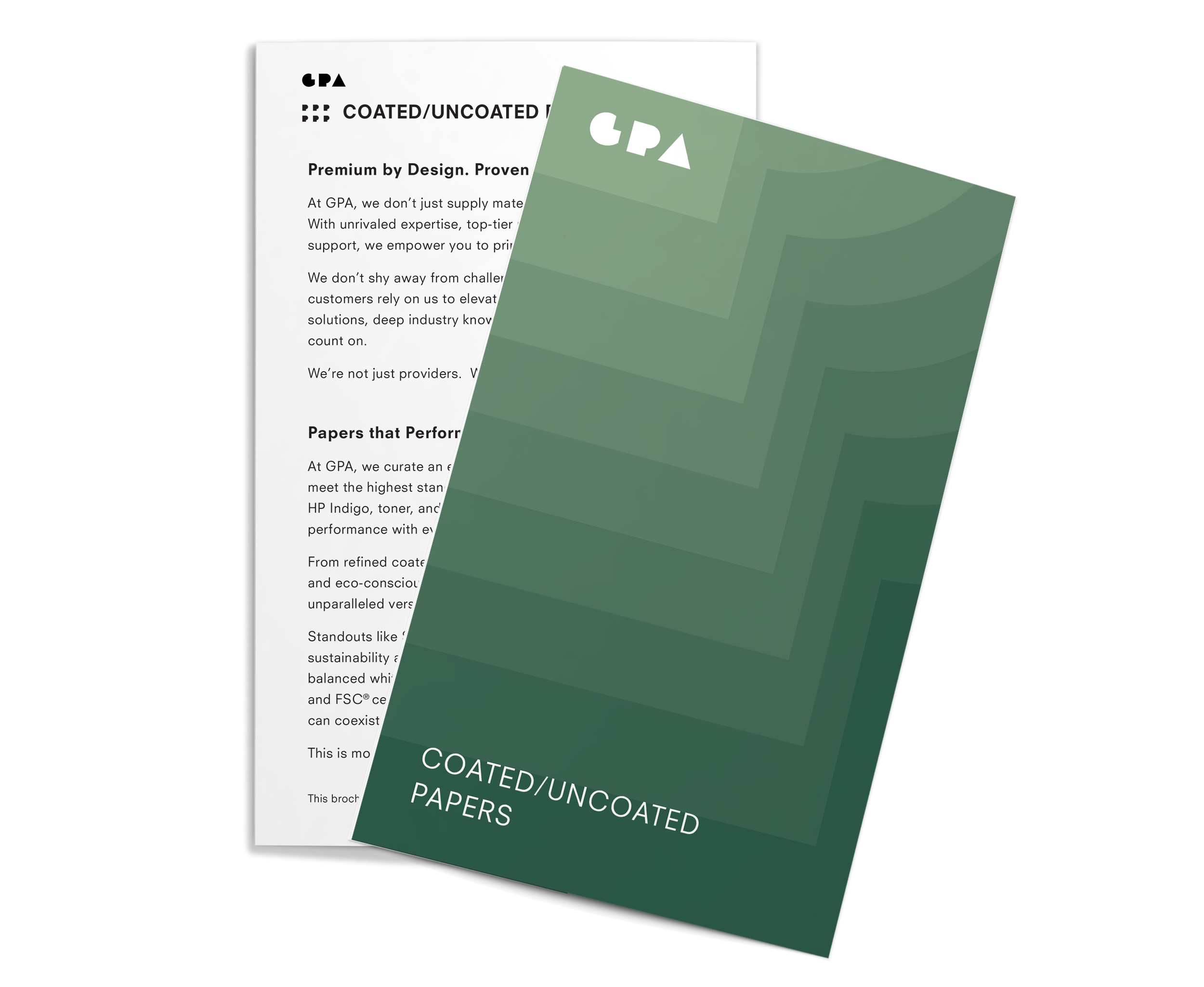 Brochures for coated and uncoated papers, with text about premium quality, industry standards, and environmental sustainability.