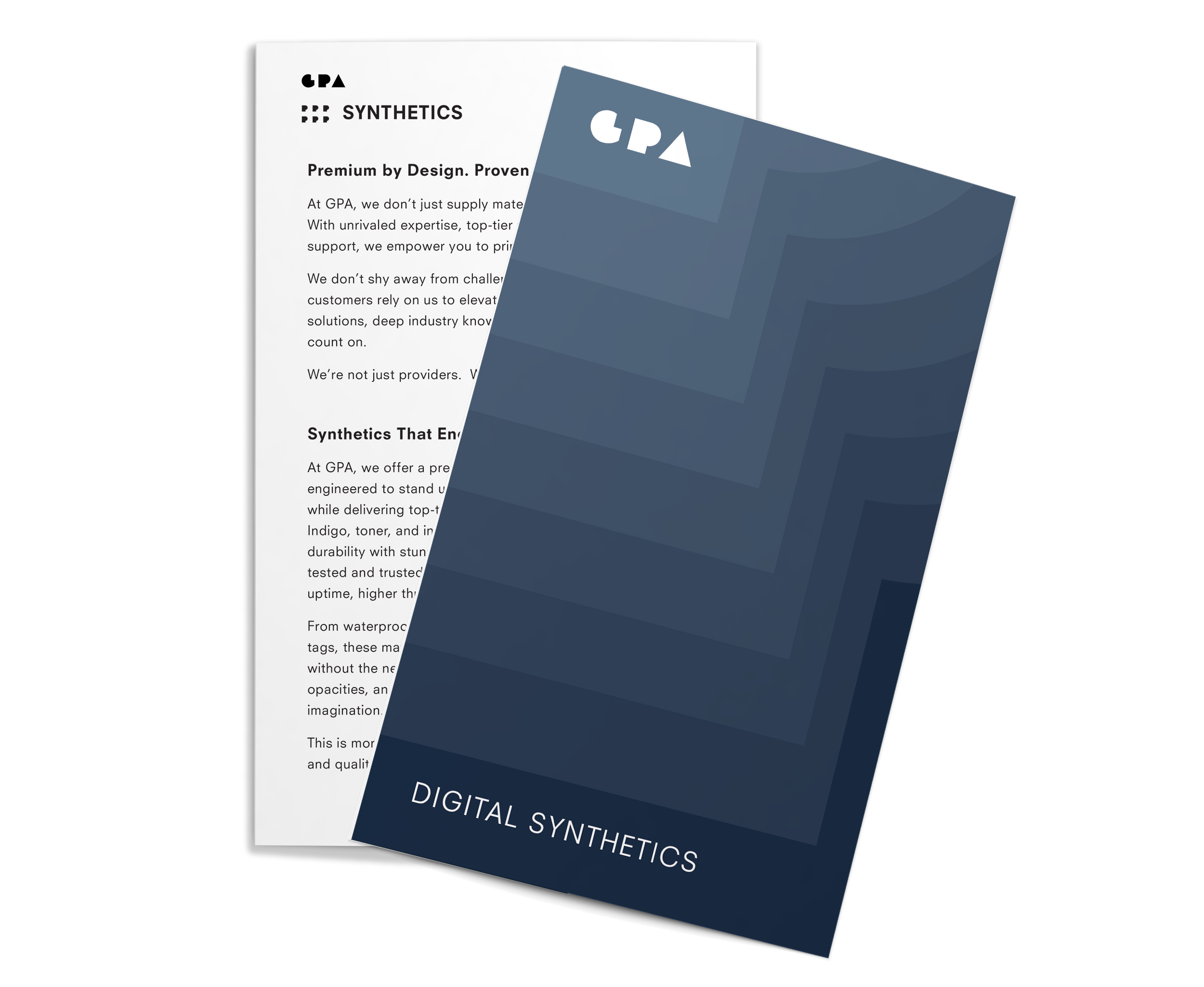 Close-up of printed pages from a booklet or brochure titled 'GPA Synthetics' with text about digital synthetics, supporting a clean, professional design with white, blue, and red colors.