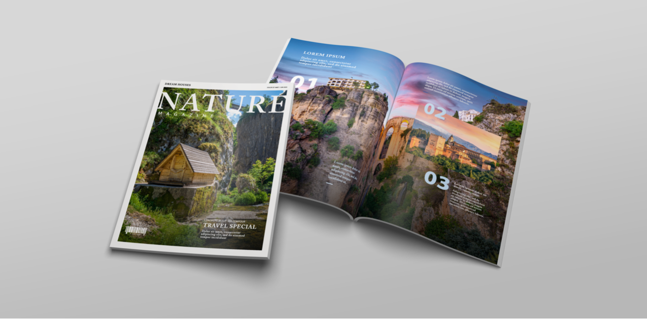 Open travel magazine with scenic nature and landmark images on pages, beside a closed issue on a gray background.