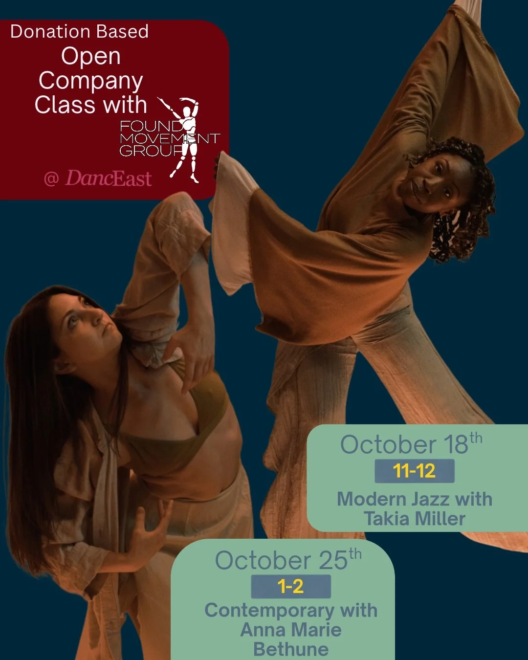 Join us for our October Company Classes beginning this Sunday.

October 18th @ 11am: Modern Jazz with @takialeondria 

October 25th @ 1pm: Contemporary with @annamarie.20 

Spots are limited, DM us to sign up.
