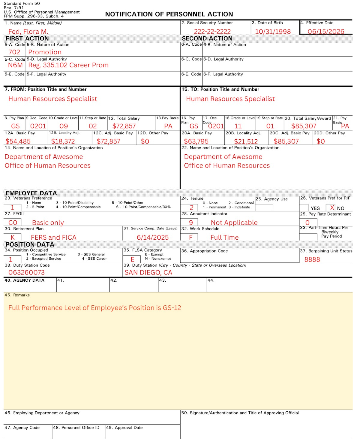 Close-up of SF-50 Block 45 Remarks section, which displays critical information for personnel actions processed for federal employees.