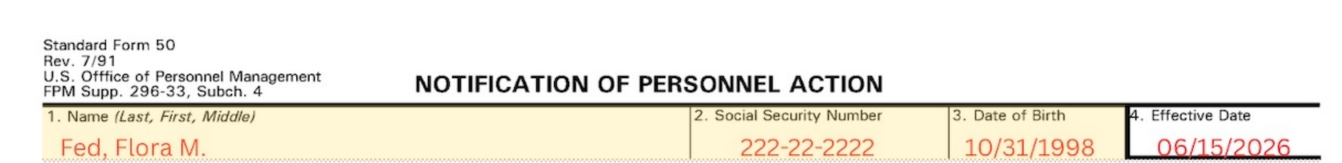 Close-up of SF-50 Notification of Personnel Action, Blocks 1-3, showing SF-50 fields for name, Social Security Number, and date of birth for federal employees.