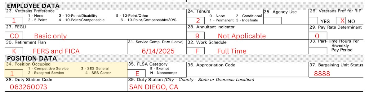 Close-up of Block 34 of the SF-50, showing whether a federal employee’s position is in competitive or excepted service.