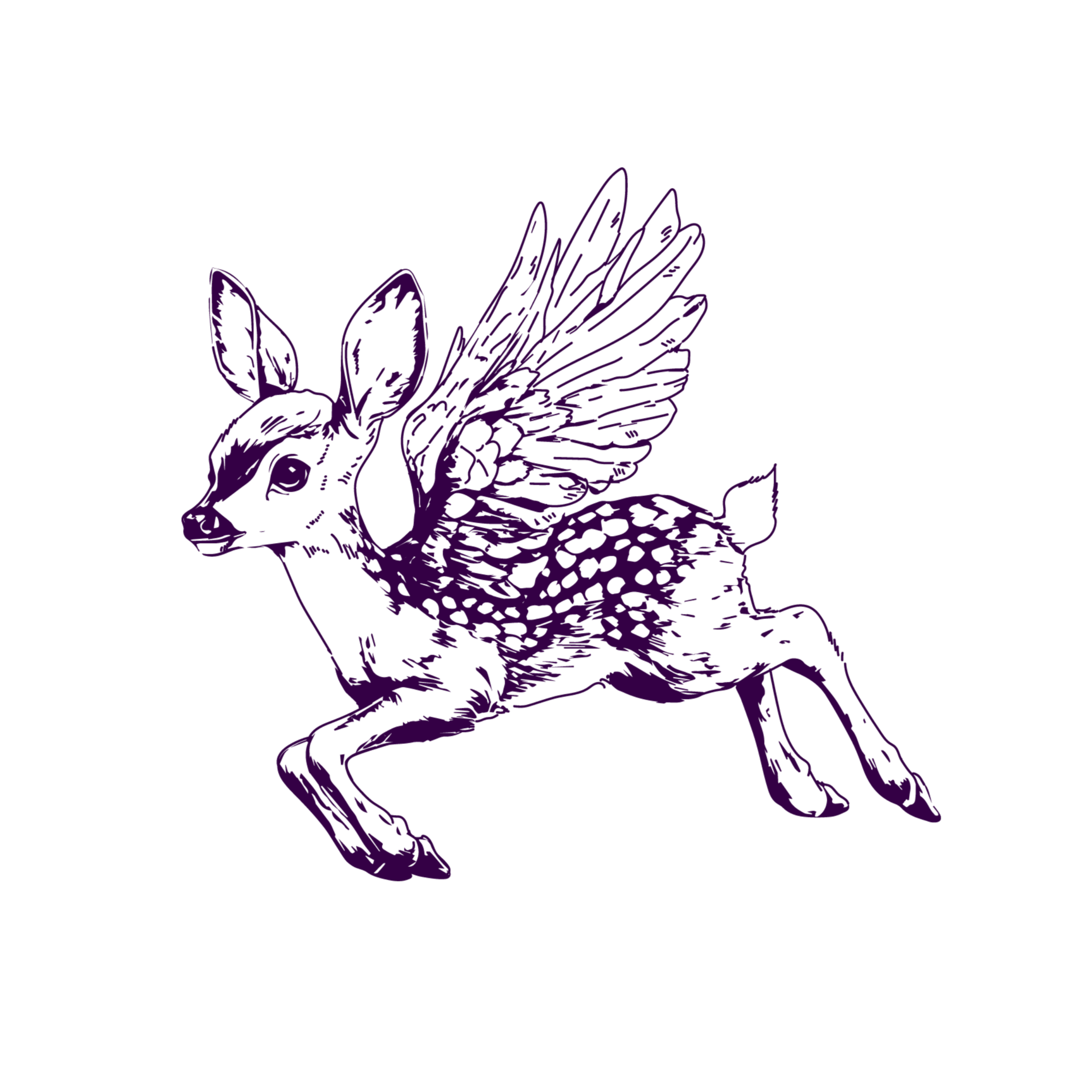 A purple line drawing of a mythical creature with the body of a deer, wings, and antlers, on a black background.