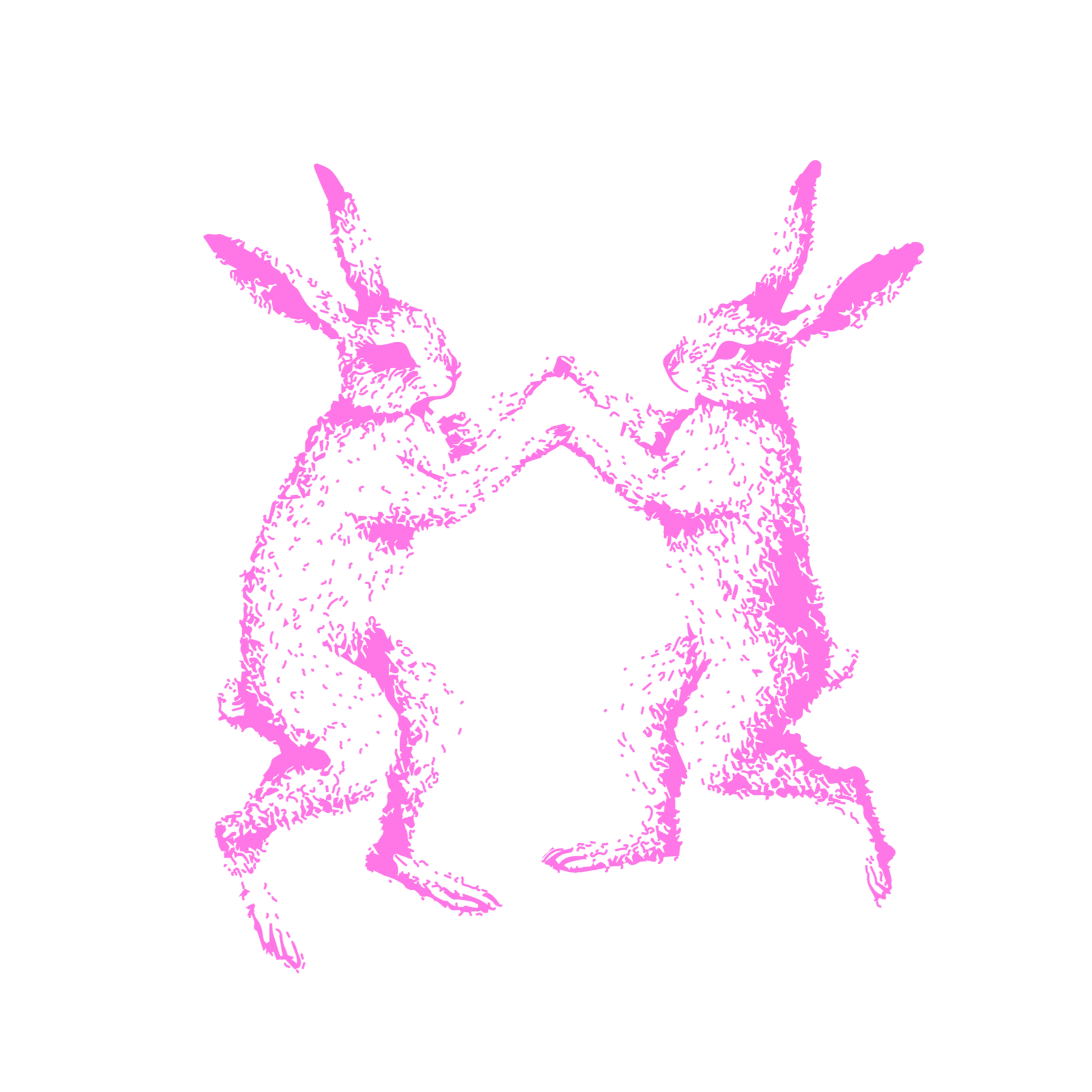 Two pink outlined rabbits facing each other with paws touching on a black background.