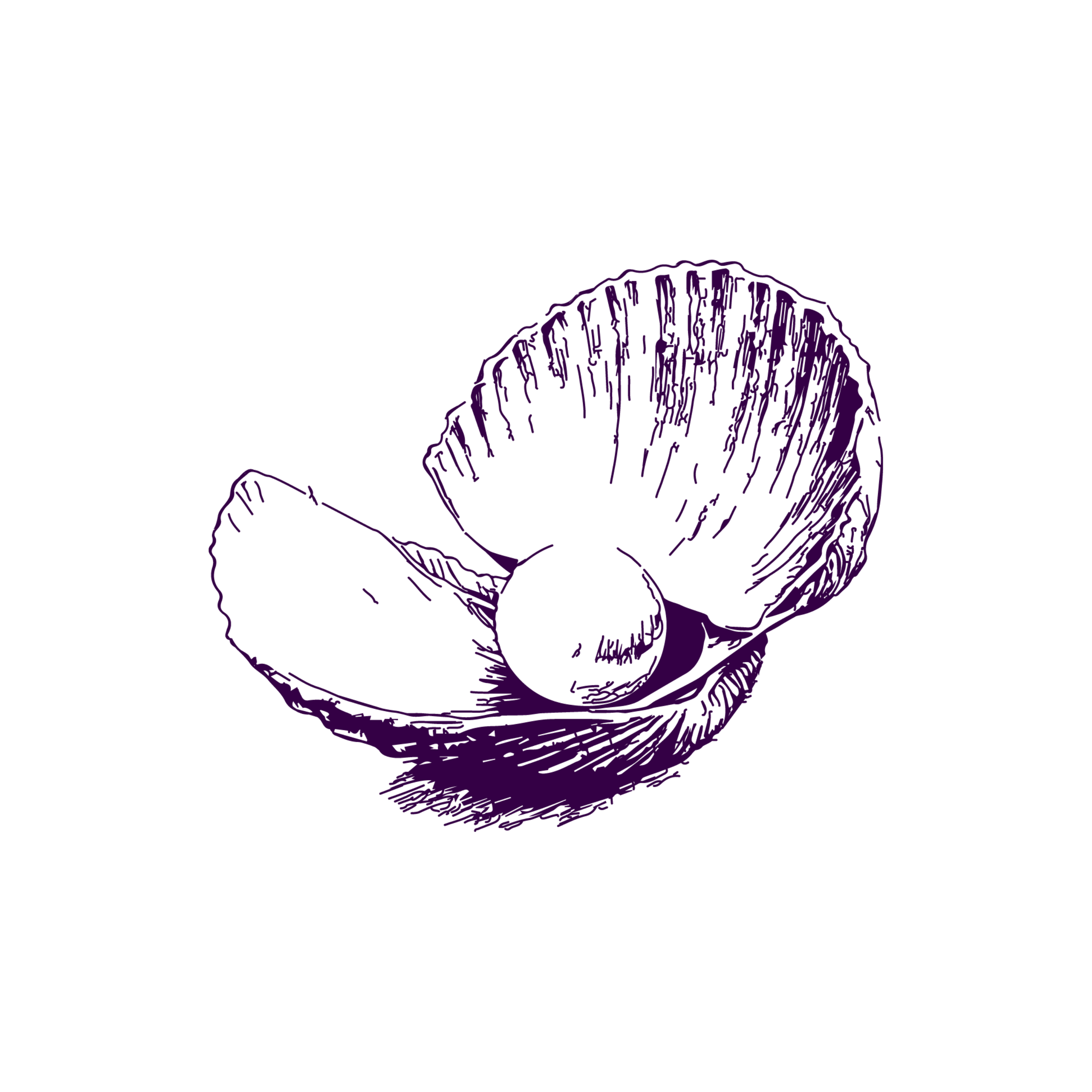 Purple line drawing of an open oyster shell with a pearl inside on a black background.